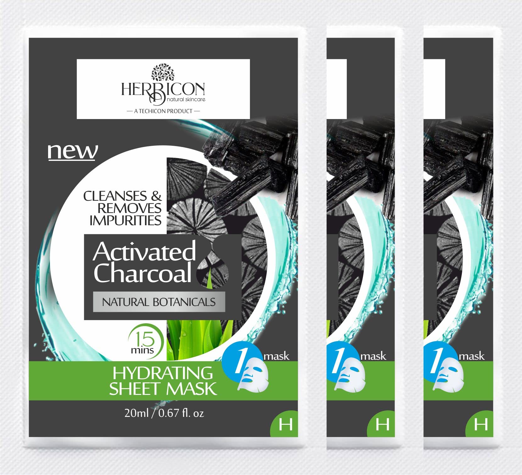 Herbicon Activated Charcoal Face Sheet Mask - Deep Cleansing & Hydrating for Detox Skin - 20g (Pack of 3) | Perfect for Acne-Prone, Oily & Combination Skin | Spa Day, Self-Care Routine & Travel Skincare