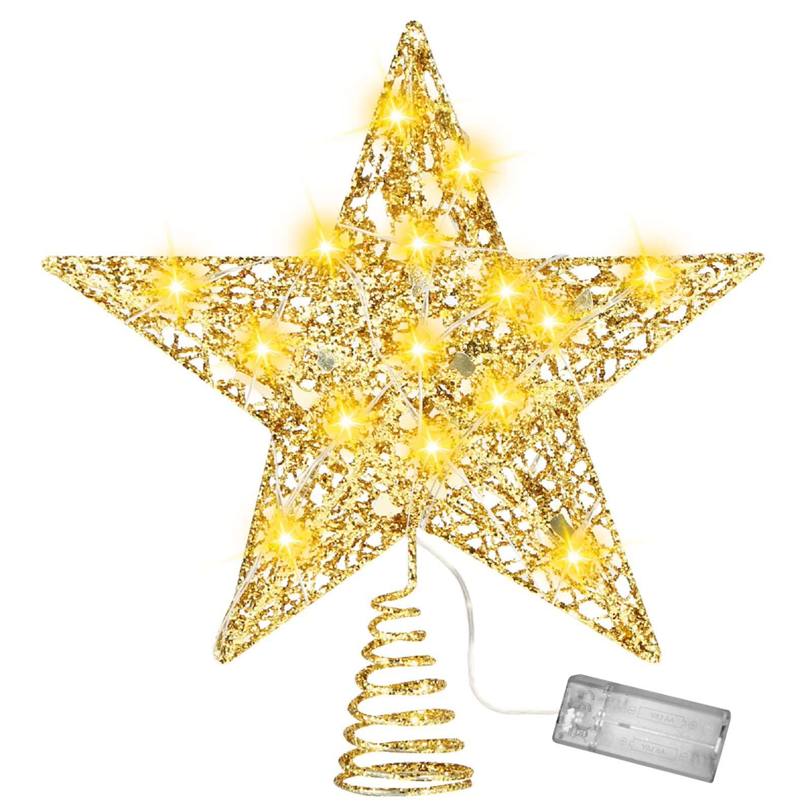 Wallfire 8-Inch Hollow-Out Glitter Christmas Tree Topper Star with LED String Lights - Xmas Tree Decoration for Holiday Home Decor, Party & Festive Celebrations