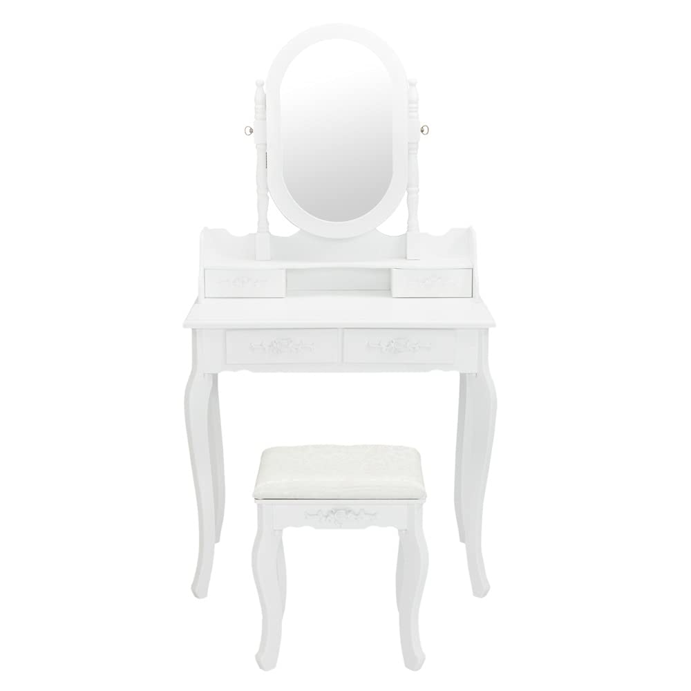 Modern White 4-Drawer Dressing Table with Stool & Rotating Mirror for Bedroom Decor