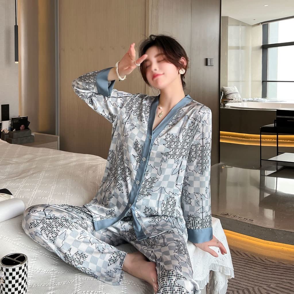 Premium Ice Silk Pajama Set for Women - Soft Long Sleeve Cardigan & Pants with Stylish Print (Medium, Color A) - Perfect for Spring/Autumn Nights, Lounging at Home & Cozy Sleepwear
