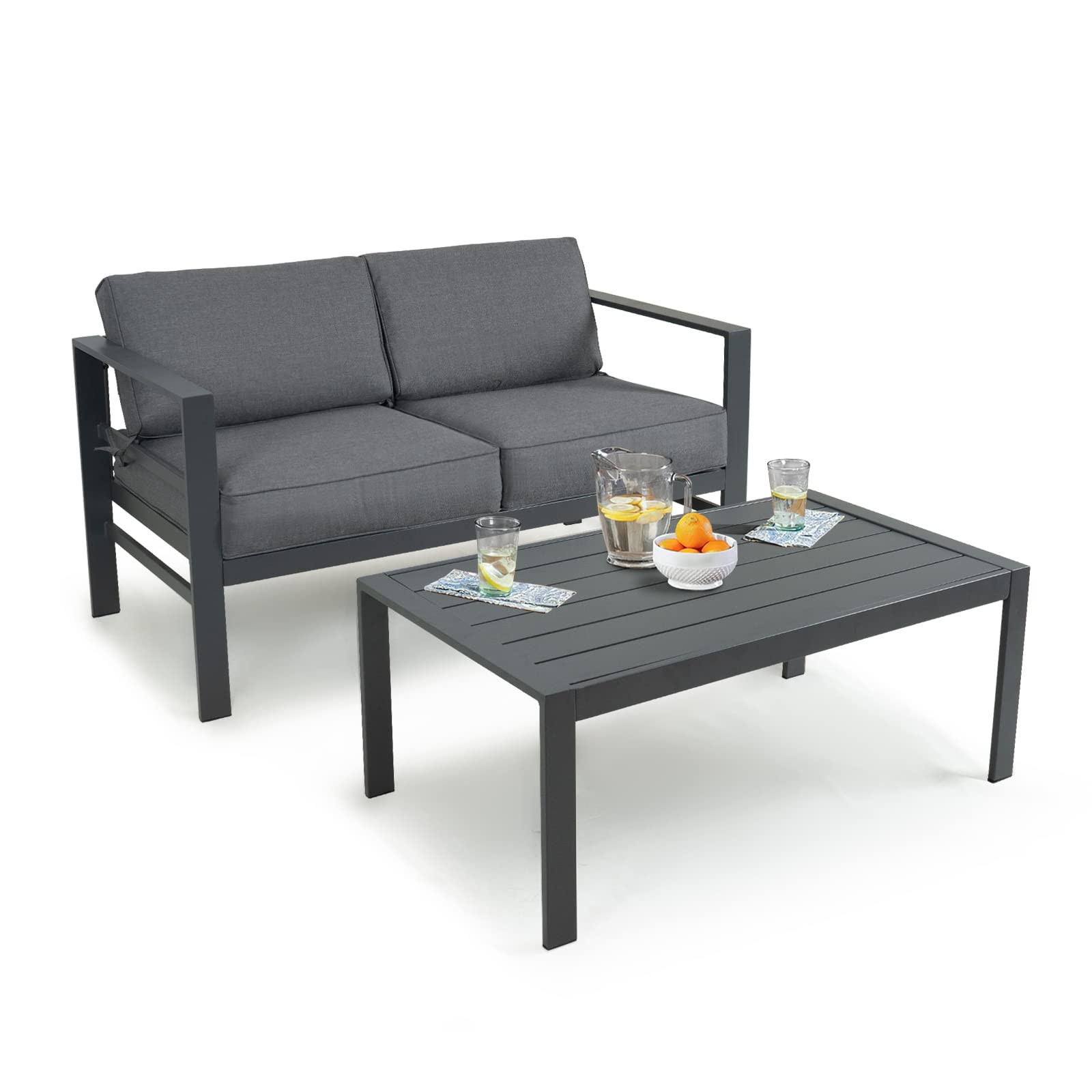 2PCS Aluminum Patio Furniture Set - All-Weather Loveseat & Coffee Table, Modern Outdoor Conversation Sofa with Dark Gray Cushions for Balcony, Backyard, Poolside & Garden Relaxation