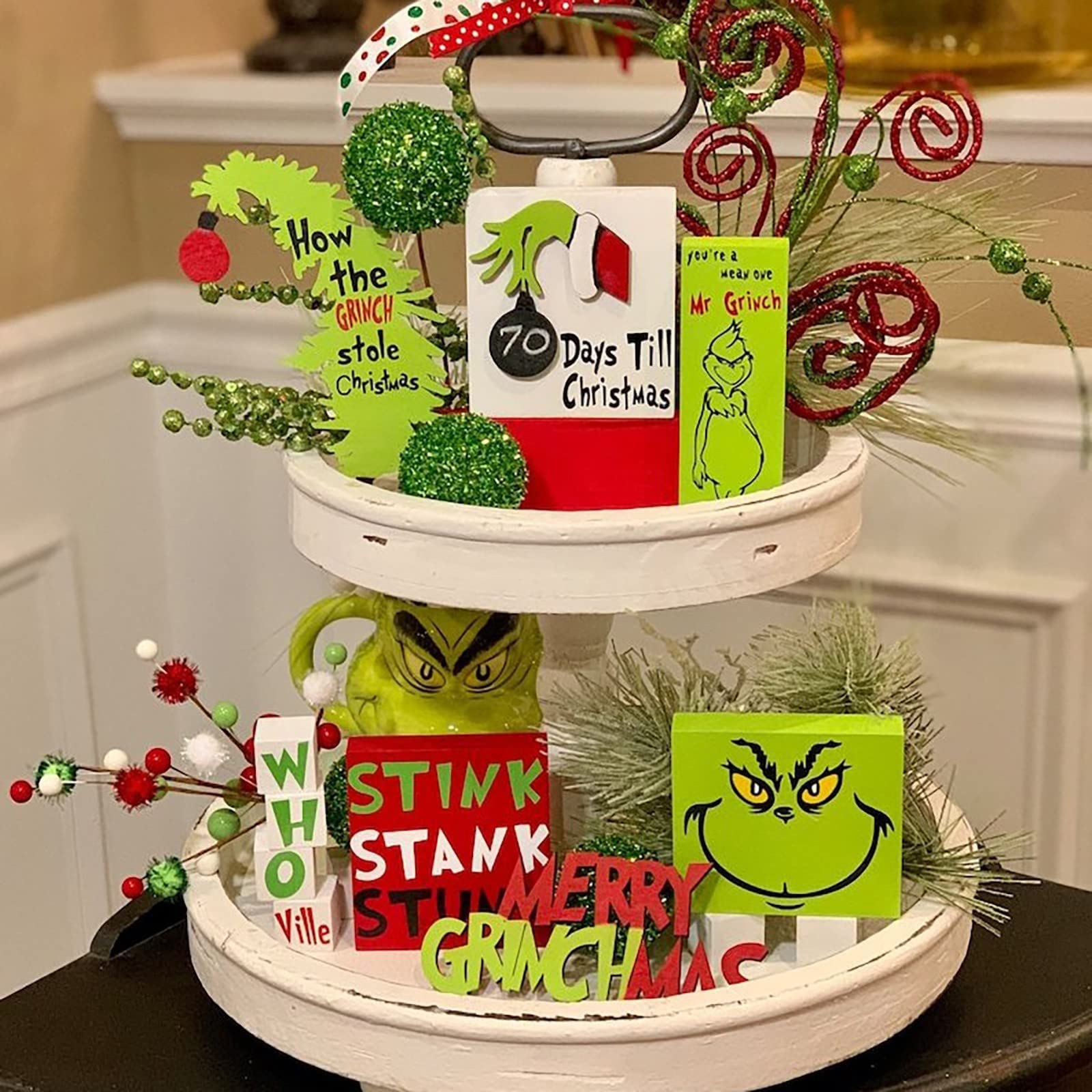 Christmas Tiered Tray Decor - Greench Themed Ornament Set for Holiday Parties | Wooden Xmas Signs & Decorative Trays | Perfect for Home Decor, Gift Giving & Festive Tablescapes