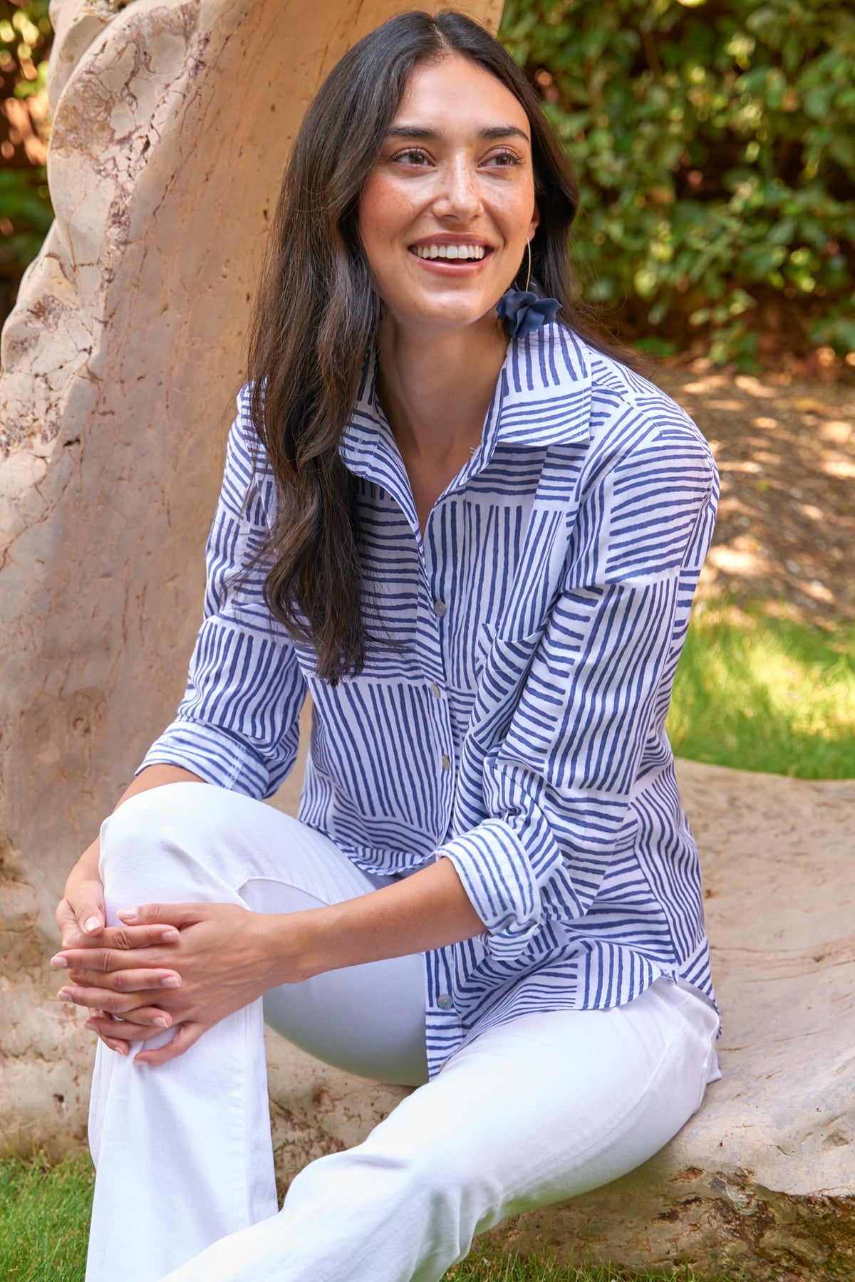 MENDED Andie Button Down Shirt for Women - Navy Blue Block Stripe Print Long Sleeve Blouse | Office Wear, Casual Outfit & Business Attire