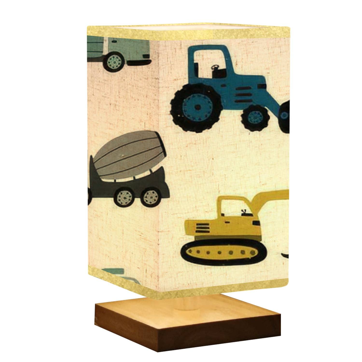Cute Construction Machine Nightstand Lamp - Dimmable Square Bedside Table Lamp with Wooden Base & Flaxen Fabric Shade for Boys | Perfect for Bedroom, Living Room, Nursery & Kids Room Decor | Gift Idea for Construction Lovers
