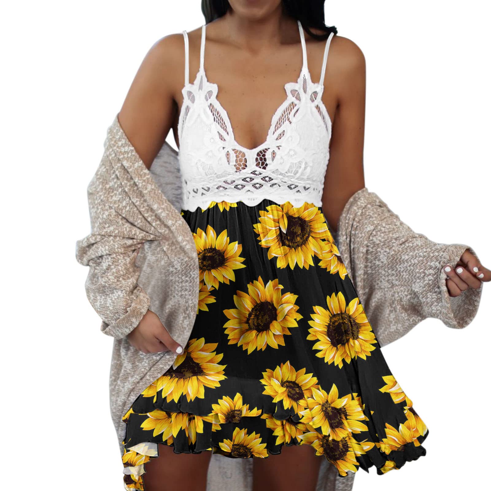 Women's Summer Floral Spaghetti Strap Ruffle Hem Dress - Lace Sleeveless Backless V-Neck Flowy Beach Dress for Vacation, Party & Casual Wear
