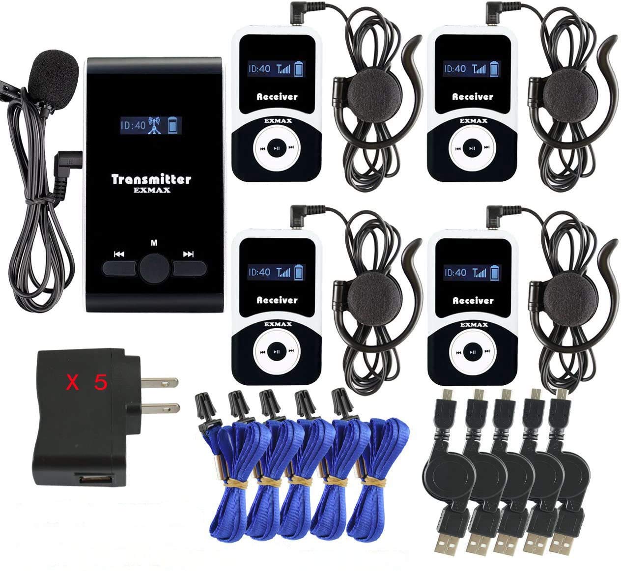 EXMAX ATG-100T 195MHz Wireless Tour Guide System - 1 Transmitter & 4 Receivers with Microphone, Earphones & Headset for Church, Travel, Translation & Simultaneous Interpretation - Perfect for Guided Tours, Conferences & Multilingual Events