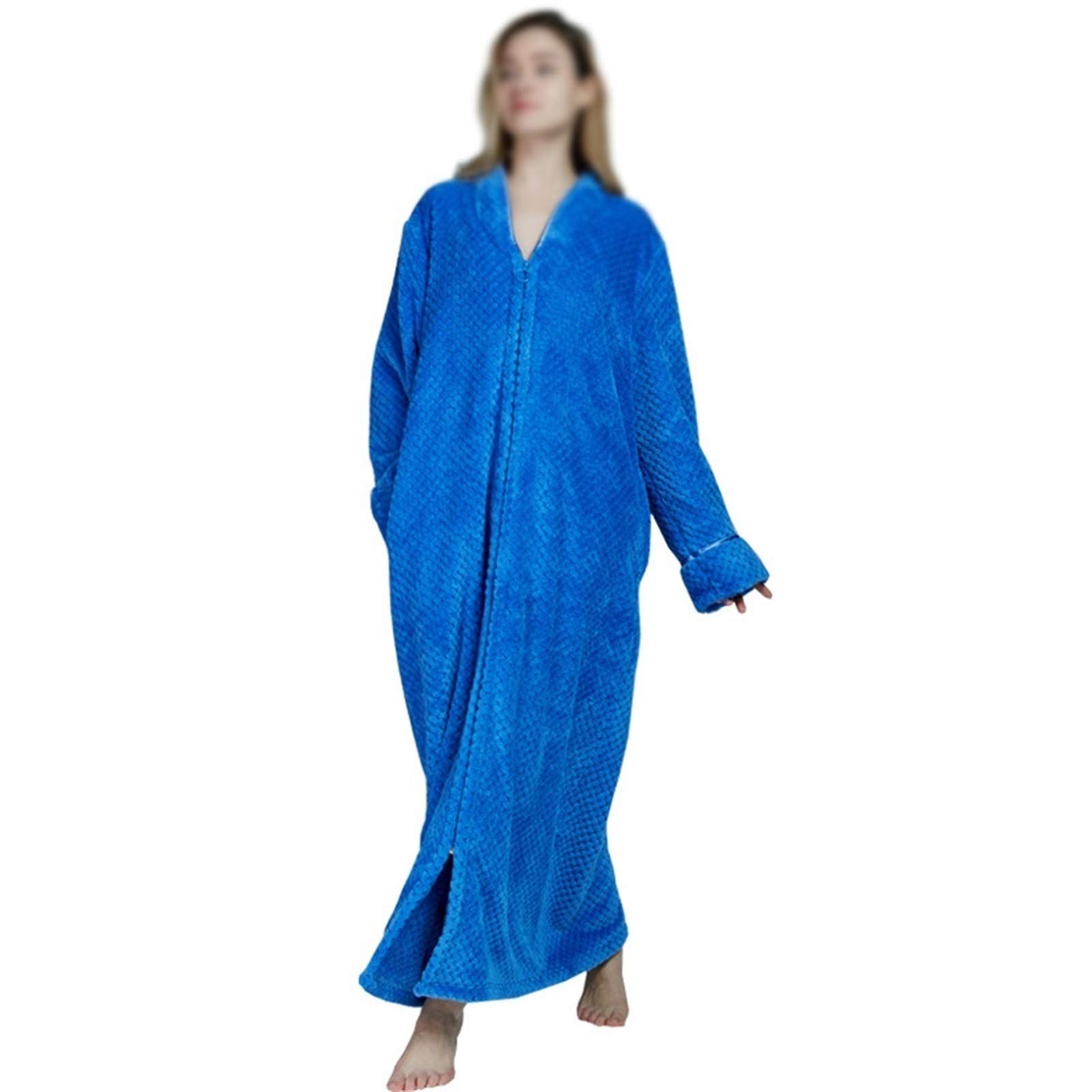 XJJZS Women's & Men's Winter Flannel Bathrobe - Soft Velvet Zipper Pajamas, Thick Warm Fleece Nightgown for Home & Spa (Blue, X-Large) | Cozy Loungewear for Relaxation & Cold Weather Comfort