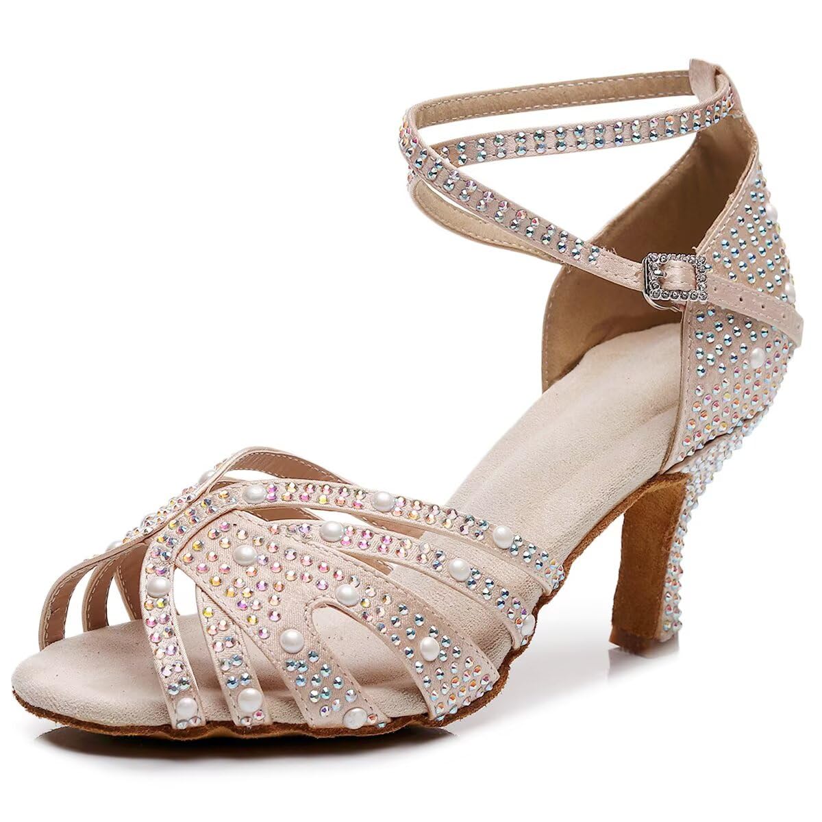 Sparkly Rhinestone Women's Latin Dance Shoes - Satin Ballroom Salsa & Bachata Practice Shoes for Women | Perfect for Dance Classes, Performances & Social Dancing