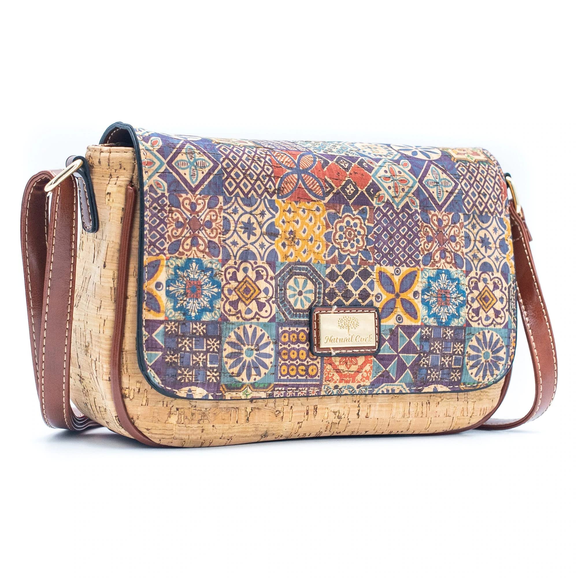 Handmade Natural Cork Crossbody Bag with Traditional Mosaic Print - Eco-Friendly Vegan Purse for Women, Perfect for Travel, Shopping & Everyday Use