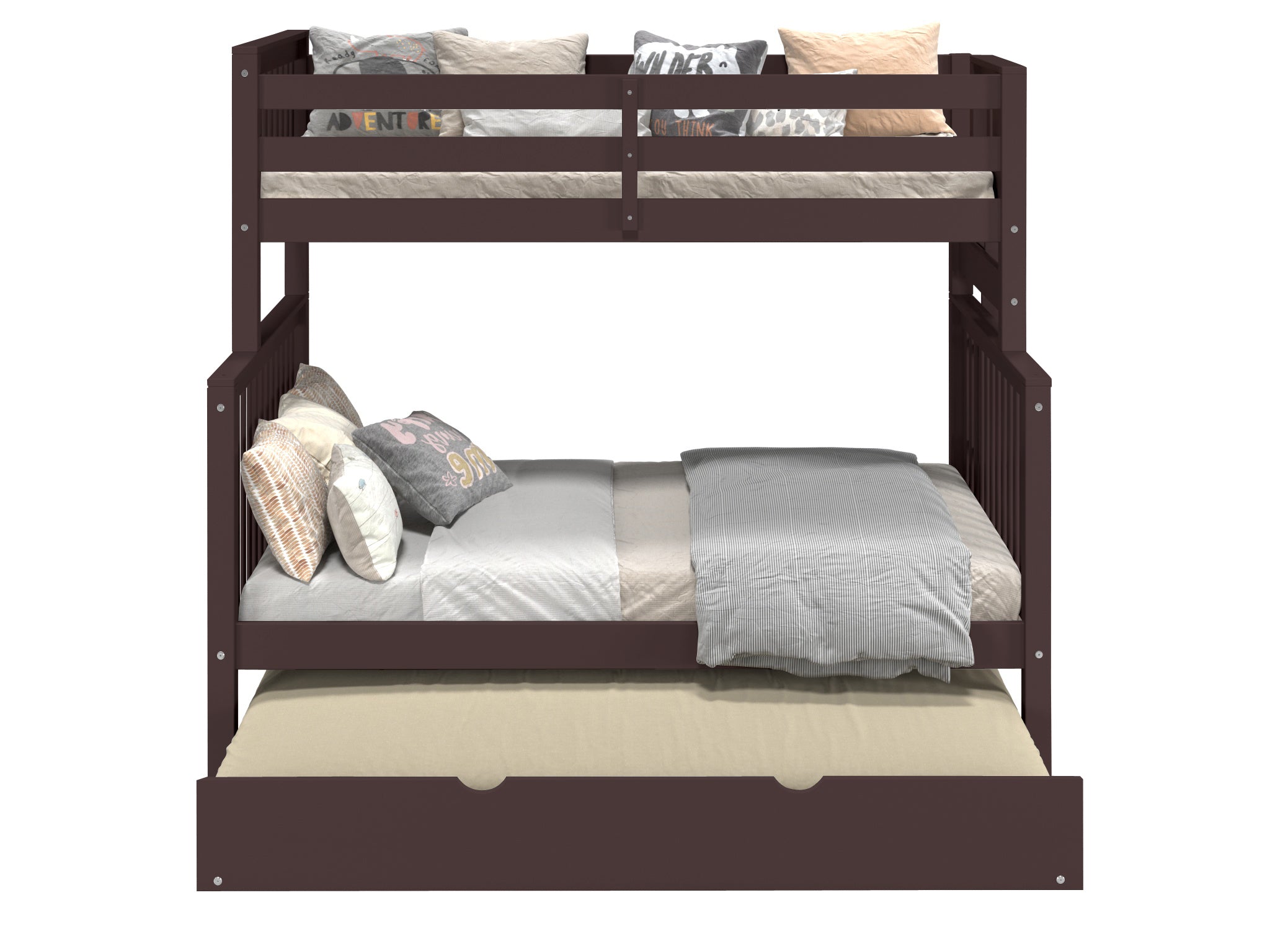 Twin Over Full Bunk Bed with Full Trundle in Dark Cherry Finish - Space-Saving Kids & Guest Bedroom Furniture for Small Rooms & Sleepovers