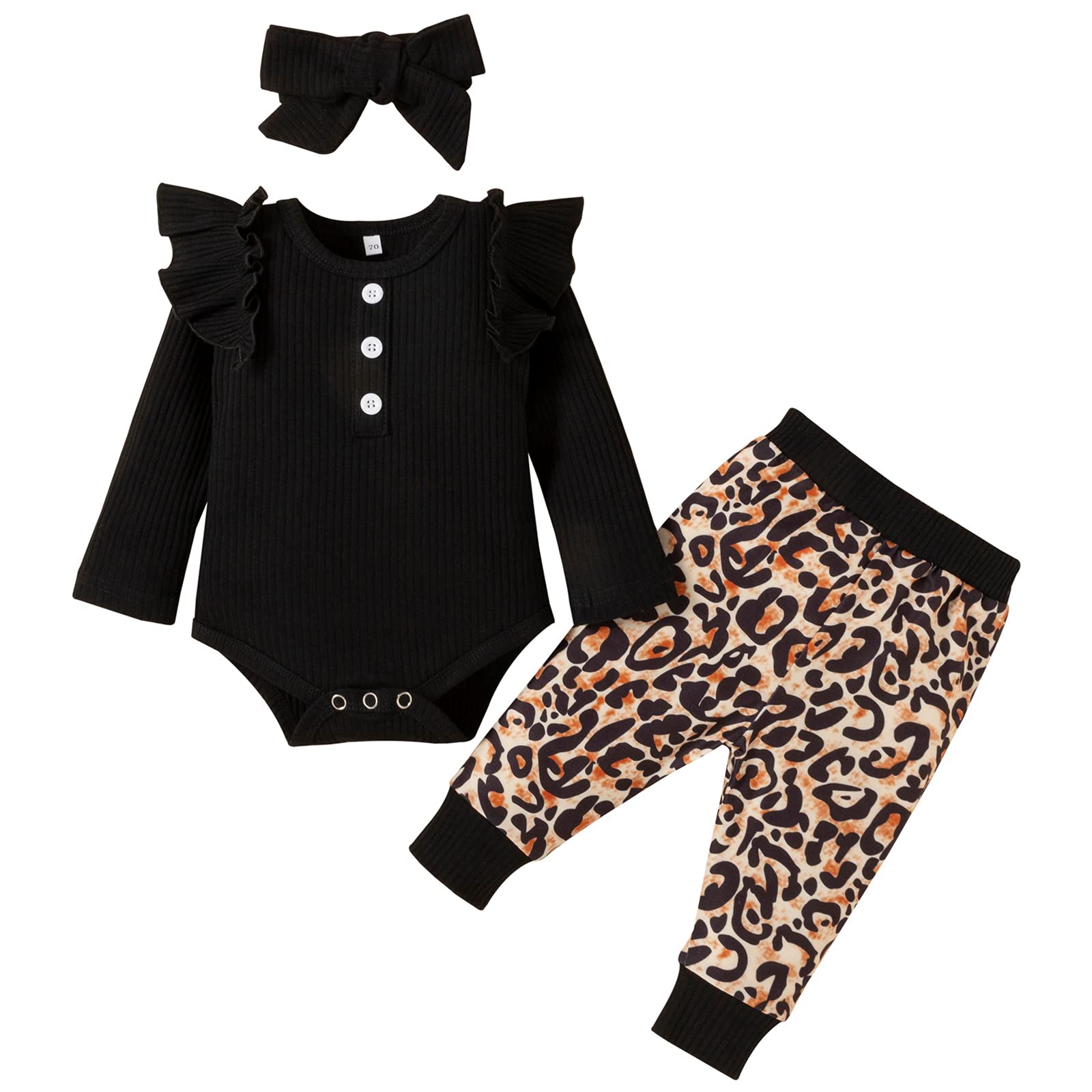 Baby Girl Fall Outfit Set - Leopard Print Ruffle Romper with Ribbed Pants & Headband | Cute Infant Clothes for Autumn Photoshoots, Playdates & Seasonal Events