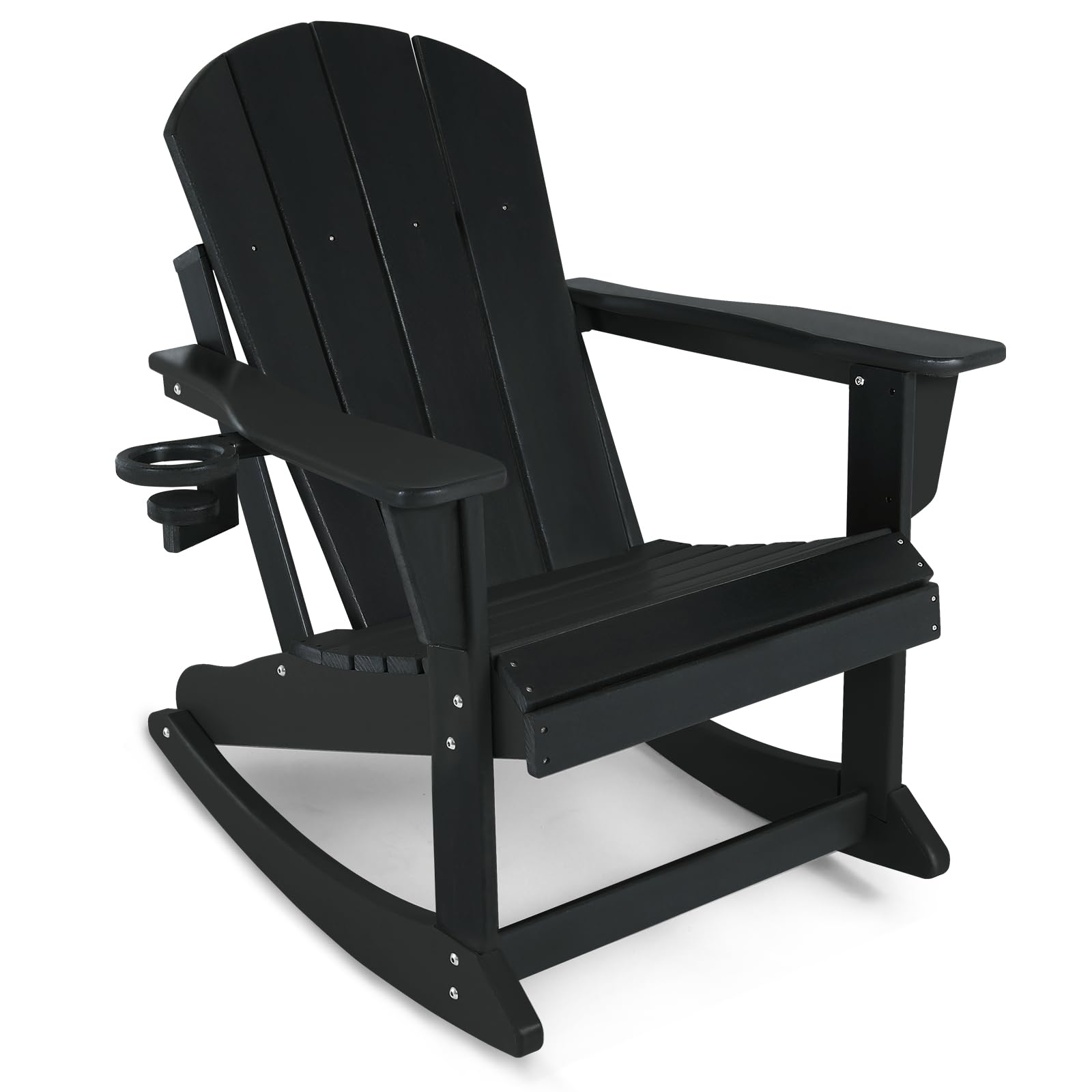 Durable Plastic Adirondack Rocking Chair with Cup Holder - Weather-Resistant Outdoor Seating for Patio, Porch, Deck, Poolside & Garden (21.6