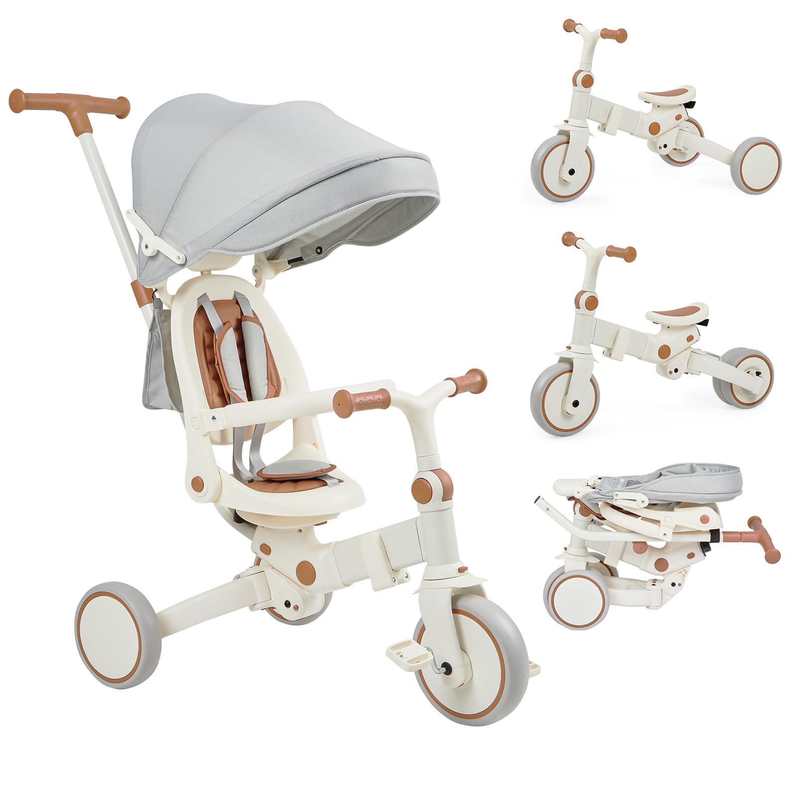 GAOMON 7-in-1 Foldable Baby Tricycle for Toddlers 12-72 Months - Adjustable Parent Handle, Removable Pedals, Canopy & Safety Guardrail - Perfect for Park Rides, Outdoor Play & Learning to Ride (Brown)