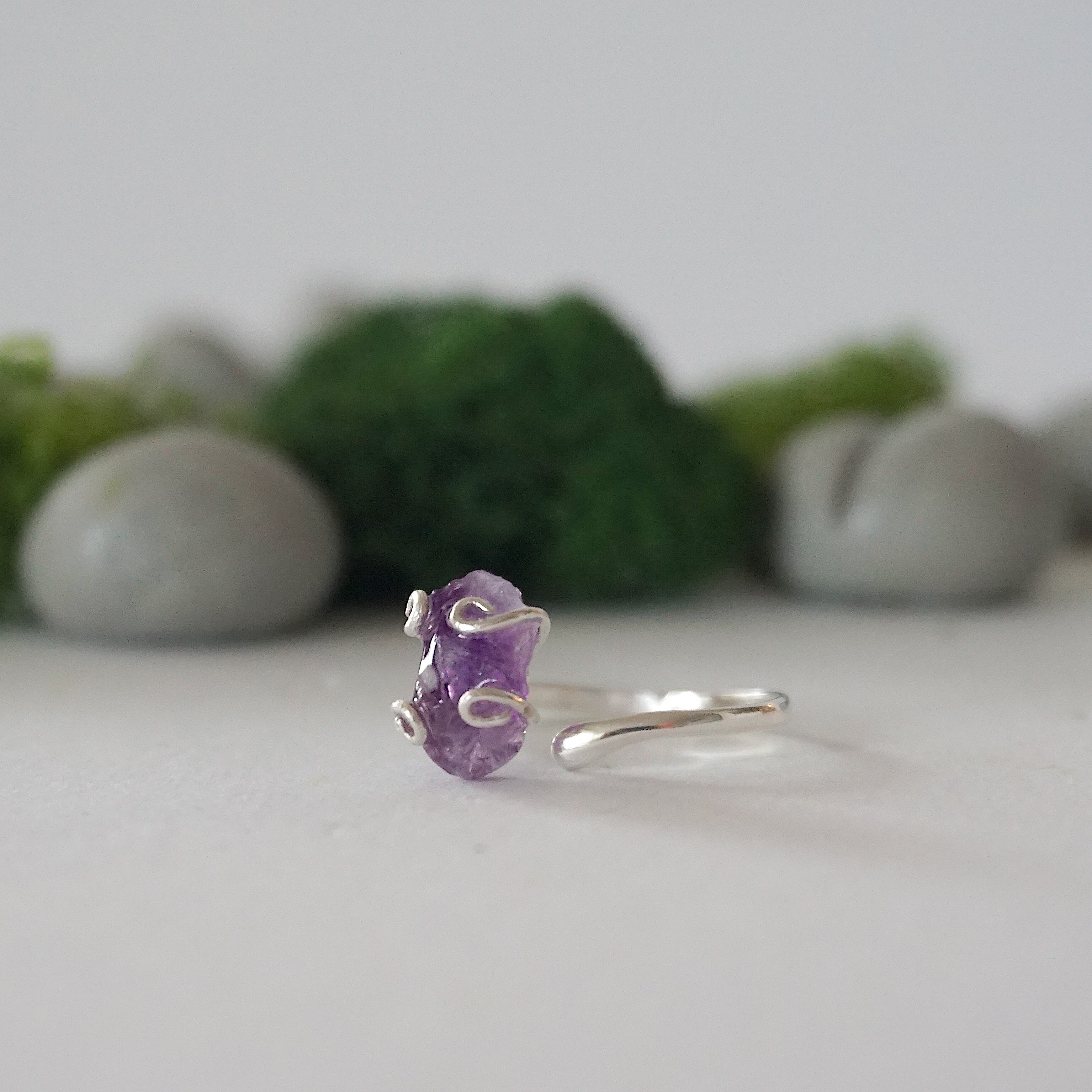 Natural Raw Amethyst Adjustable Ring - 925 Sterling Silver Jewelry for Women - Boho Chic Gift for Her, Meditation & Spiritual Healing Accessory