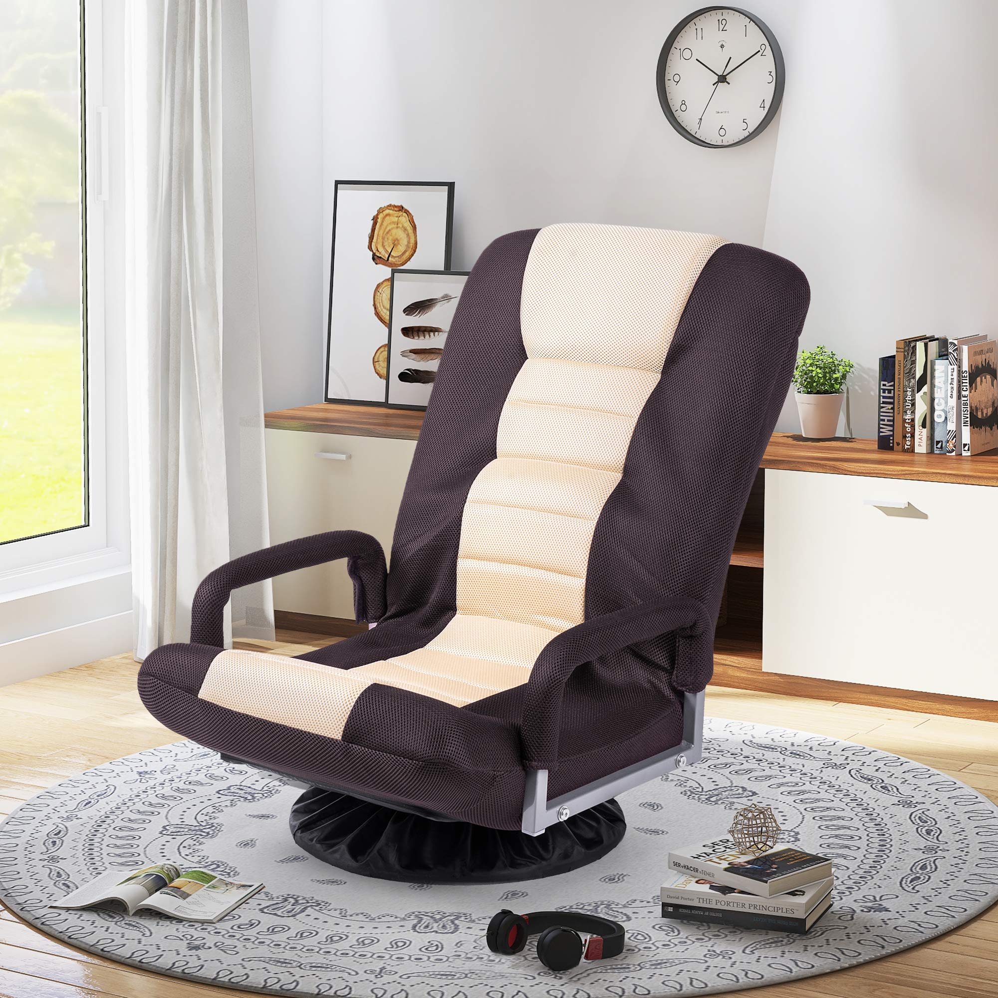 DishyKooker Swivel Video Rocker Gaming Chair - Adjustable 7-Position Floor Chair & Folding Sofa Lounger for Gaming, TV Watching & Relaxing - Ergonomic Comfort in Brown - Perfect for Bedrooms, Living Rooms & Game Rooms