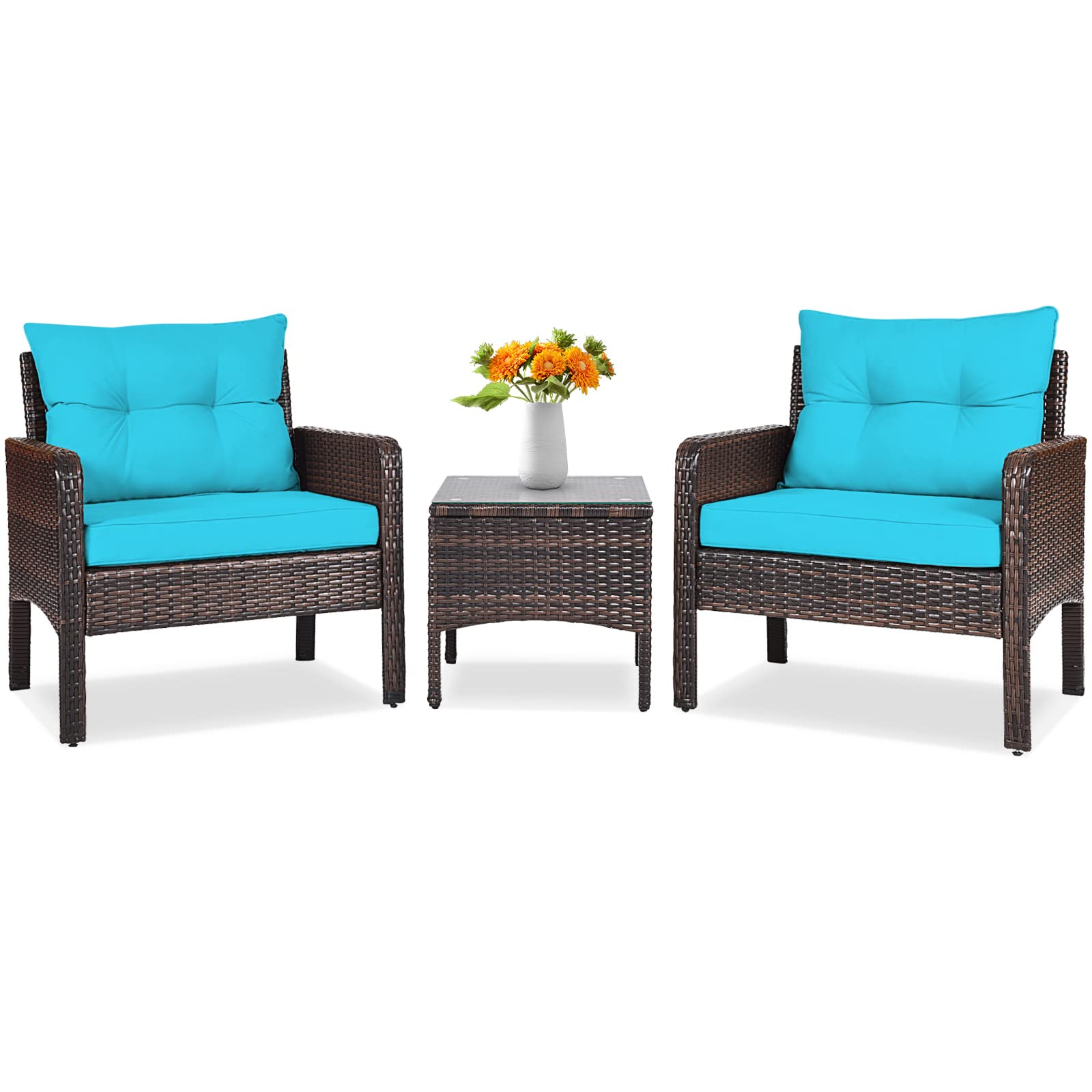 **Tangkula 3-Piece Wicker Patio Set with Glass Top Coffee Table & Thick Cushions – All-Weather Outdoor Furniture for Garden, Lawn, Poolside, Backyard, Porch – Turquoise (Perfect for Relaxing or Entertaining Guests)**