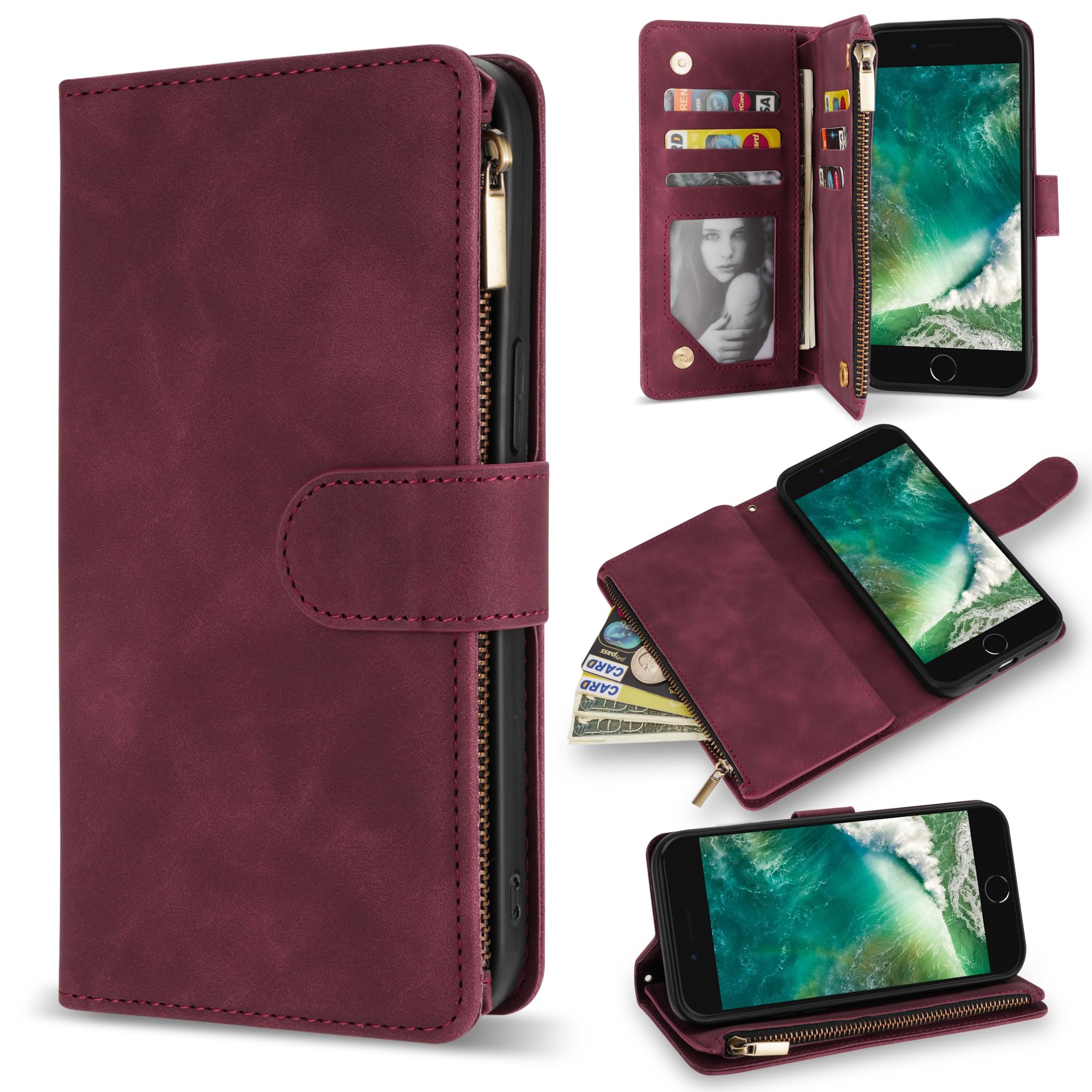 iPhone SE 2022/2020, iPhone 7 & iPhone 8 Wallet Case with RFID Blocking - PU Leather Zipper Flip Folio Cover with Wrist Strap & Kickstand (Wine Red, 4.7 inch) | Perfect for Travel, Commuting & Daily Protection