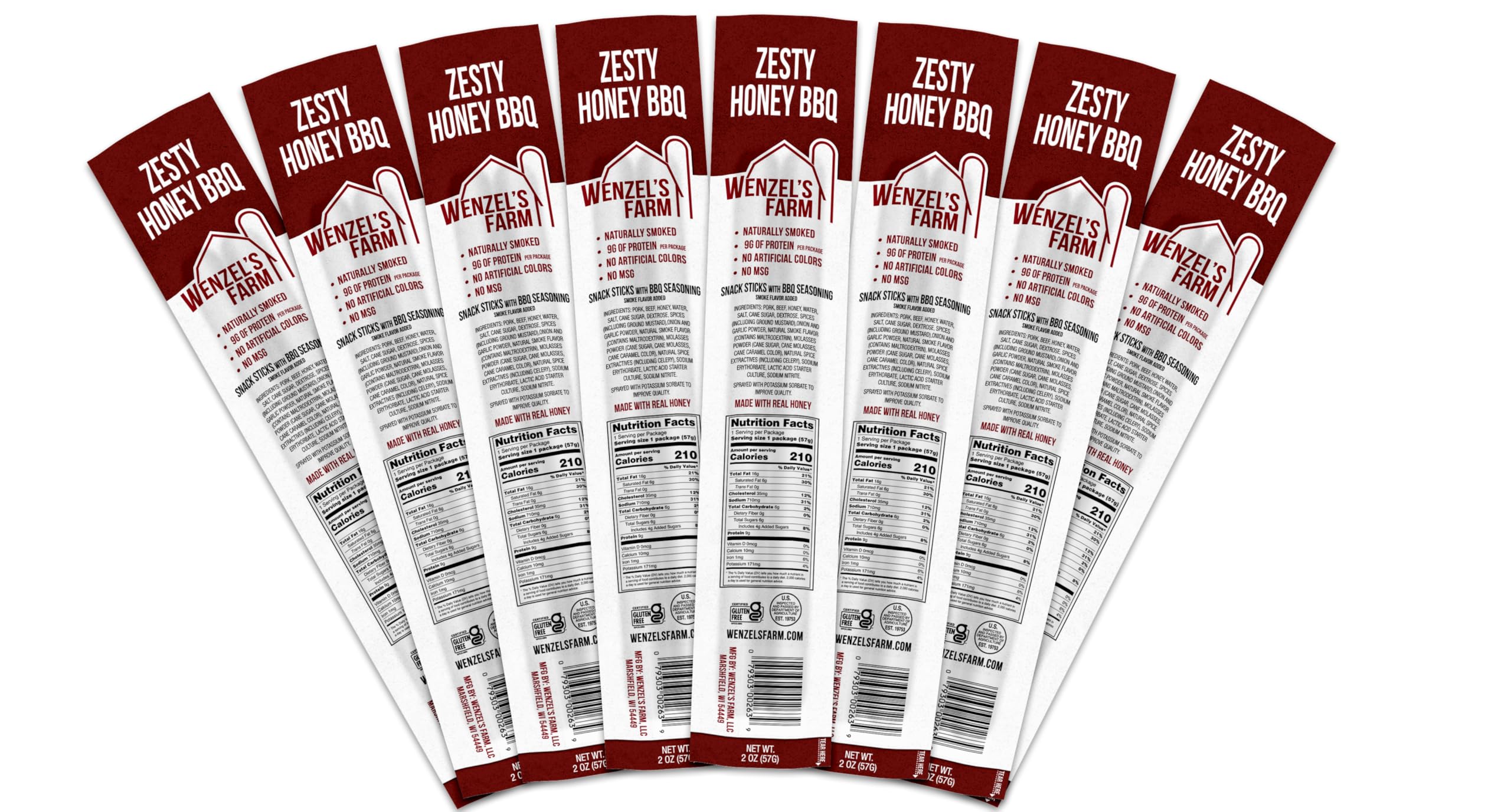Wenzel’s Farm Zesty Honey BBQ Sticks - Natural Smoked High Protein Low Carb Snack - Gluten Free No MSG or Artificial Ingredients - 16 Sticks (8 Packs of 2) - Perfect for Hiking, Camping & On-the-Go Protein Boost