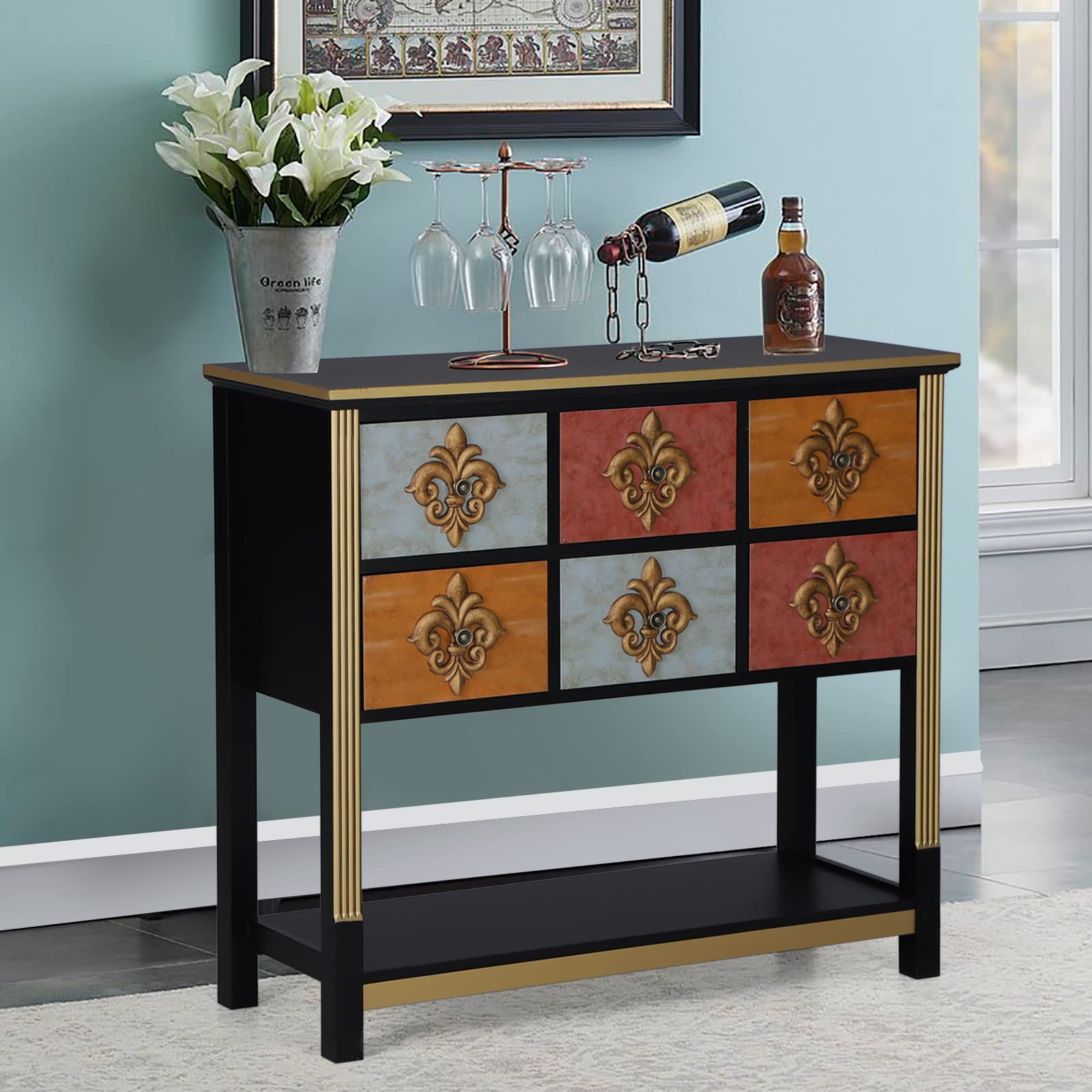 PHI VILLA Farmhouse Sideboard Buffet Cabinet with Drawers - Rustic Accent Storage Cabinet for Living Room, Hallway & Entryway - Perfect as Console Table for Home Decor & Organization