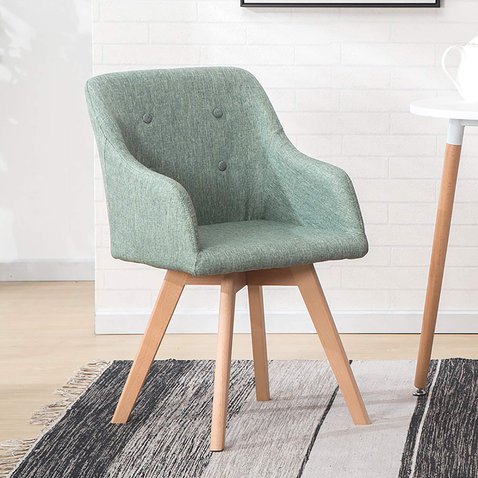 Ergonomic Home Office Chair with Solid Wood Legs - Modern Upholstered Desk Chair, Comfortable Swivel Armchair for Bedroom, Living Room & Dining Room - Breathable Linen Fabric (Green, 43x43x80cm/17x17x31in) - Perfect for Remote Work, Gaming & Study Sessions