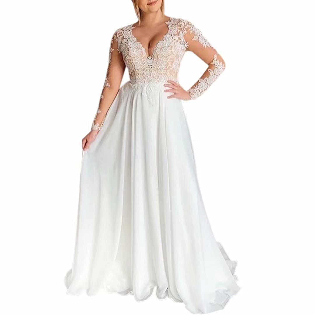 VinBridal Plus Size Long Sleeve V-Neck Chiffon Wedding Dress with Sheer Lace Applique - Elegant Beach Bridal Gown for Curvy Brides | Perfect for Beach Weddings, Destination Ceremonies & Romantic Photoshoots