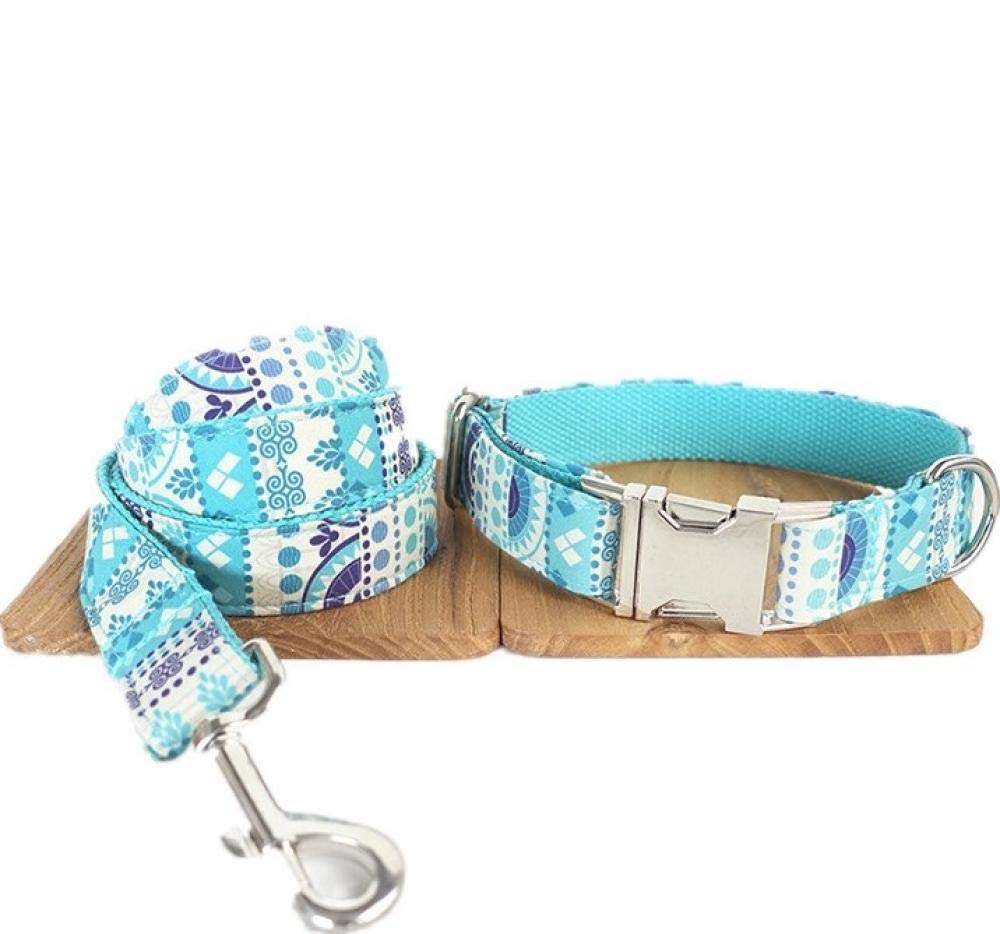 Yisatann Blue Printed Dog Collar & Leash Set - Adjustable Running Traction Suit for Small Medium Large Dogs - Perfect for Walking, Jogging, and Outdoor Adventures