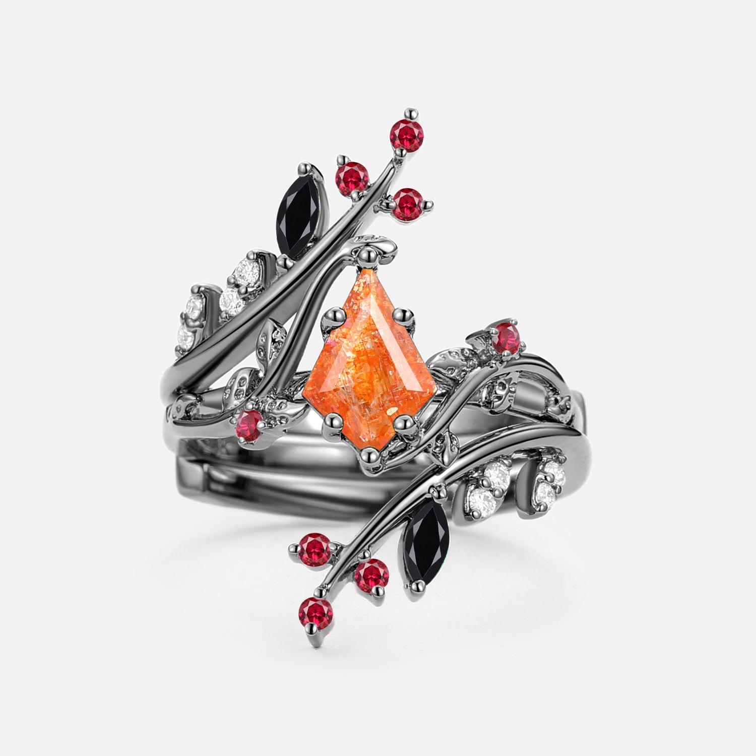 Kite Cut Sunstone Cage Leafy Engagement Ring Set - 2 Piece Bridal Jewelry for Women | Perfect for Weddings, Proposals & Anniversary Gifts