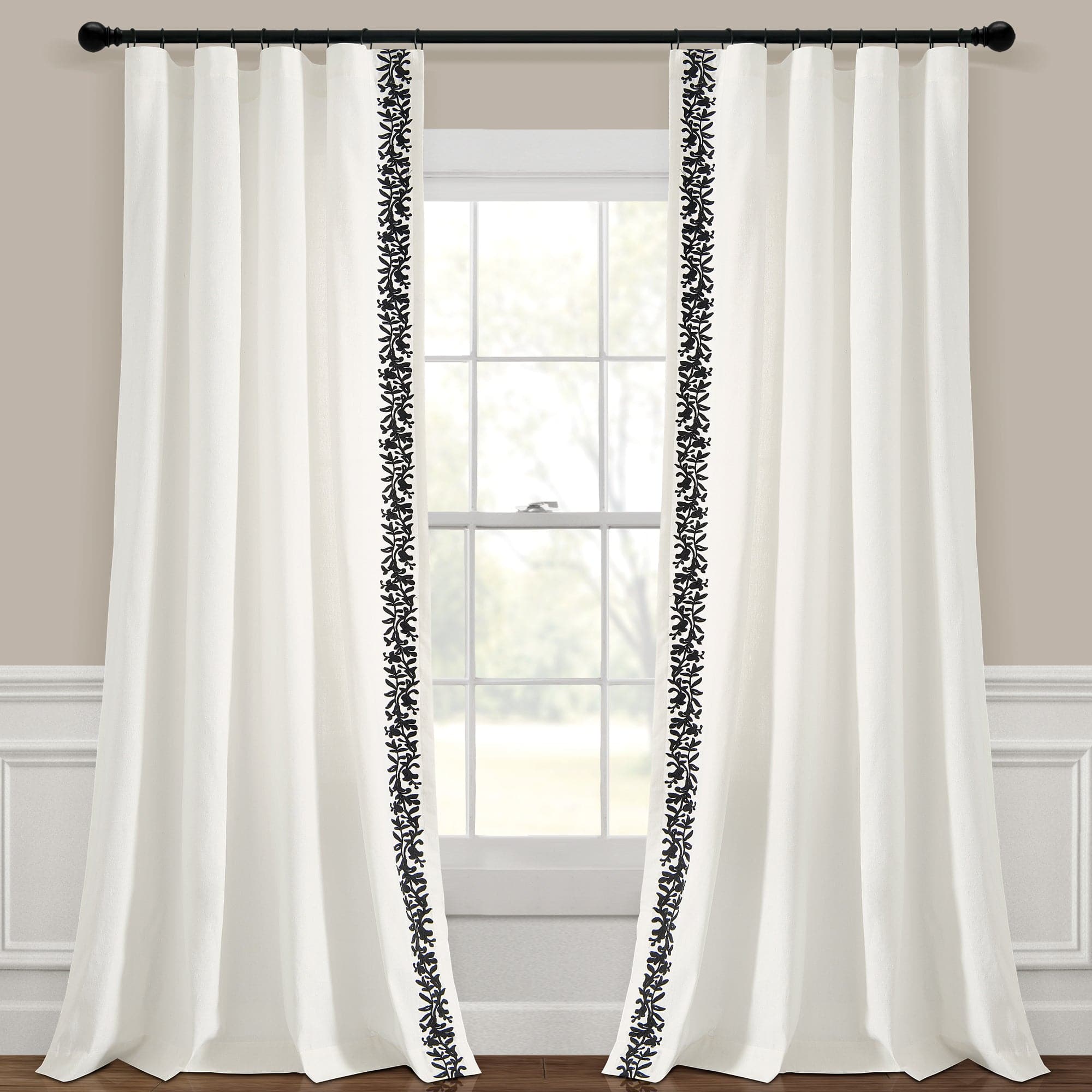 Luxury Modern Floral Linen-Like Embroidered Border Window Curtain Panel - Elegant Home Decor for Living Room & Bedroom