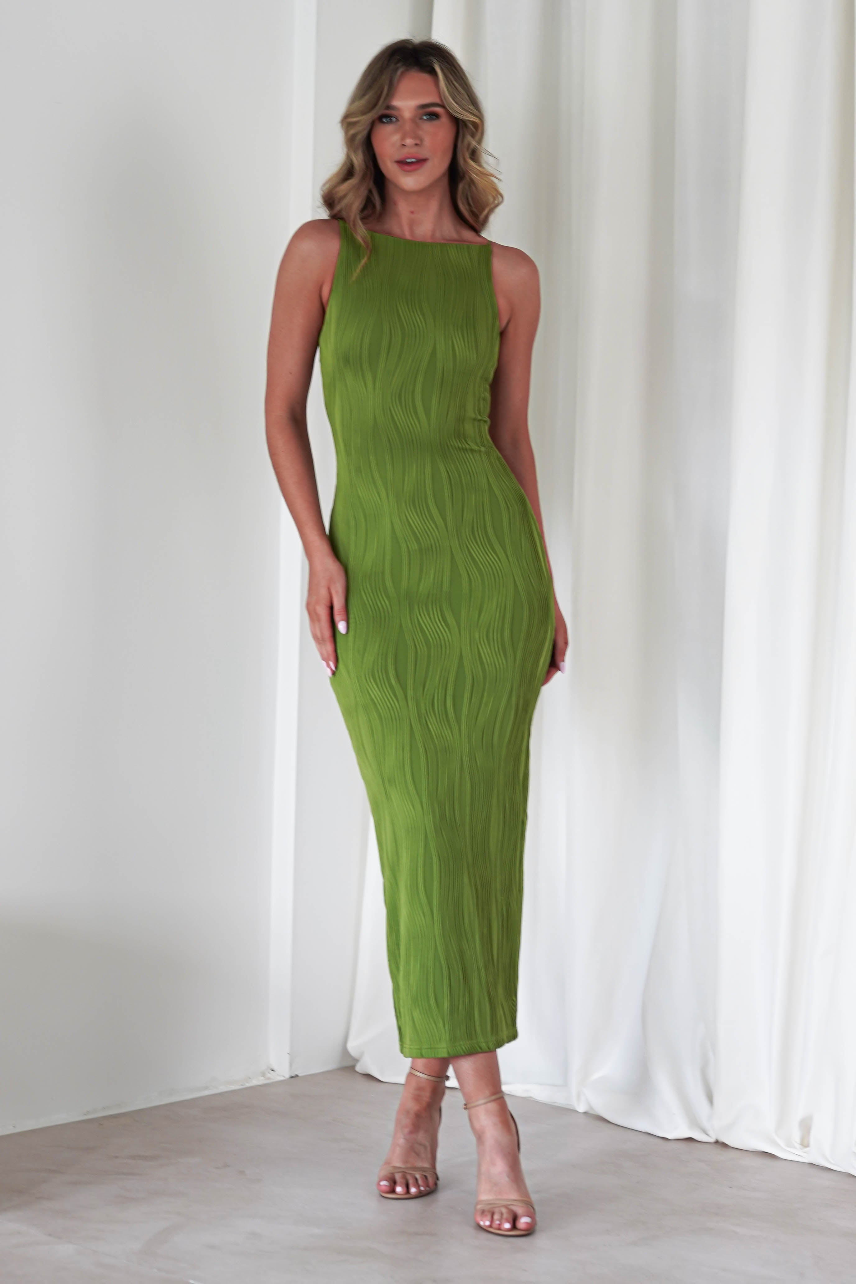 Brighton Textured Bodycon Midaxi Dress - Stretchy Slim Fit Green Dress for Women | Perfect for Parties, Dates & Evening Events