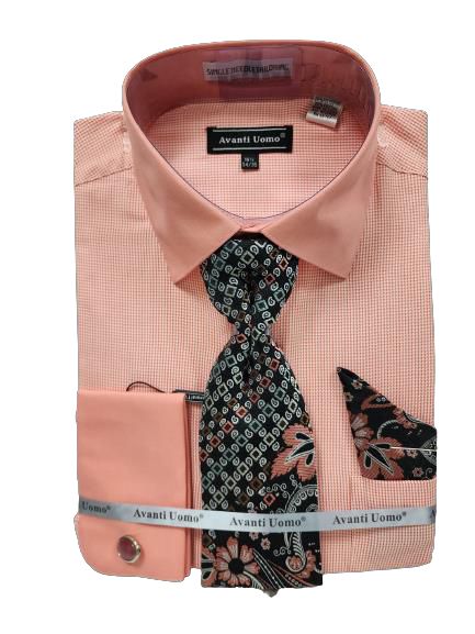 AVANTI UOMO Men's Dress Shirt with Tone-on-Tone Collar & Cuff - Premium Coral Business Shirt for Office, Wedding & Formal Events
