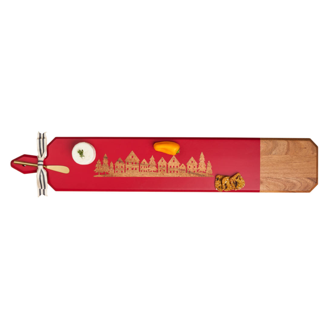 Acacia Heirloom Board Skinny in Red with Gold Spreader & Ribbon – 34 x 6 Inch – Perfect for Christmas Village Decor, Holiday Tablescapes & Gift Wrapping
