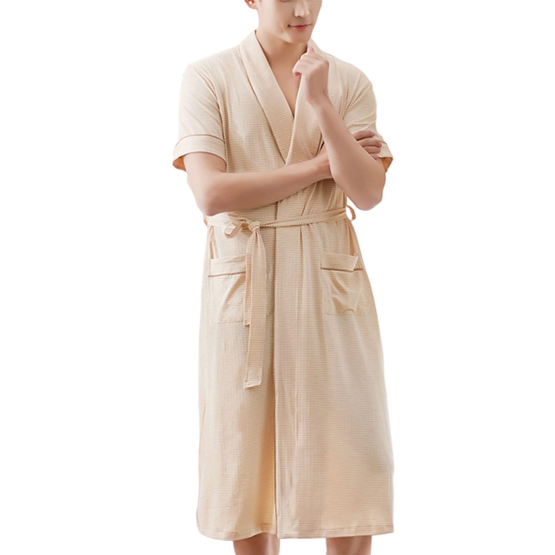 Men's Lightweight Cotton Short-Sleeve Bathrobe - Summer Shawl Robe & Dressing Gown for Plus Size - Perfect for Spa, Beach Cover-Up & Lounge Wear