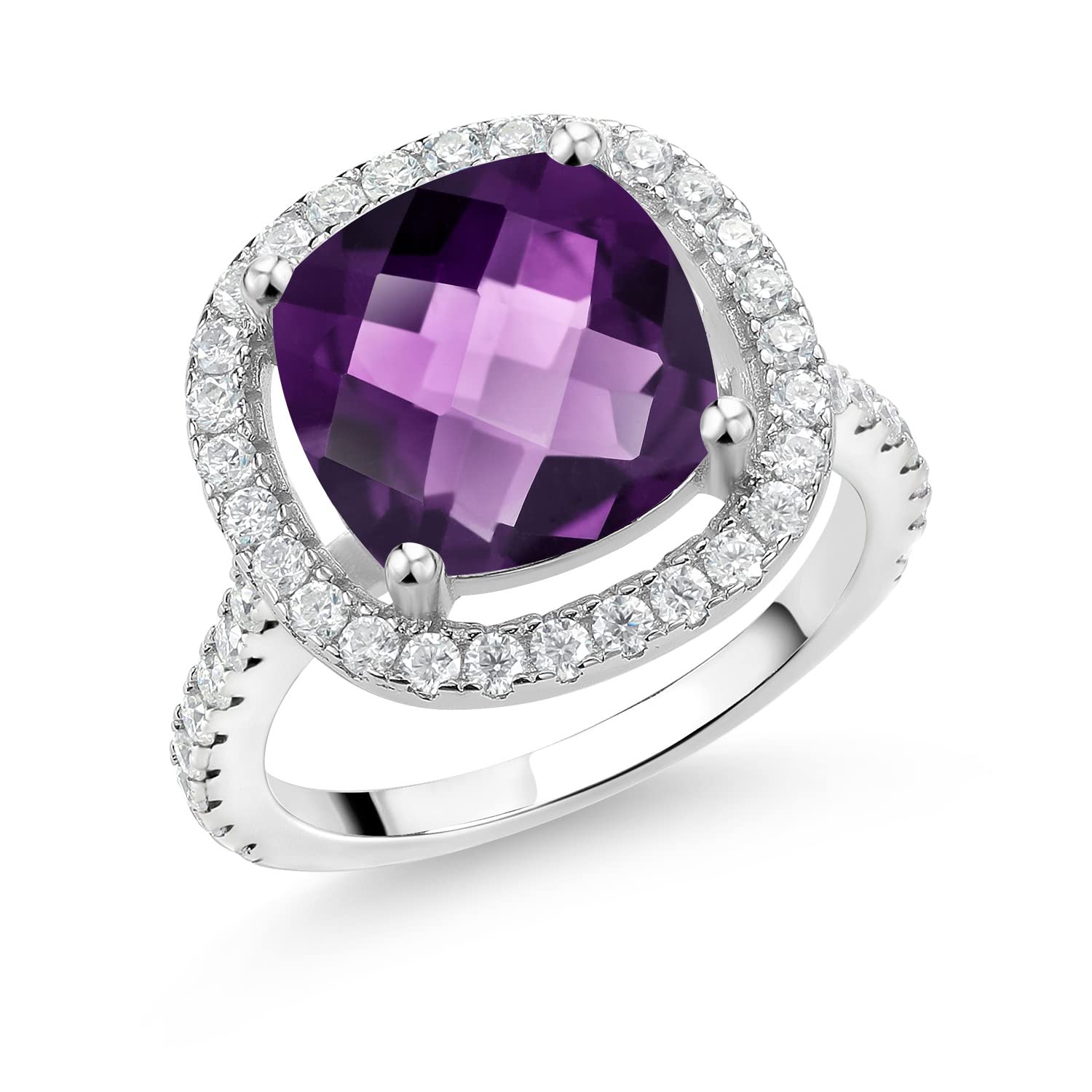 925 Sterling Silver Ring with Cushion/Checkerboard Cut Purple Amethyst & Moissanite (3.69 CTTW) - Elegant Jewelry for Women, Perfect for Engagement, Wedding, Anniversary & Special Occasions