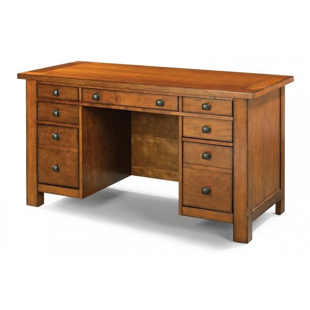 Pemberly Row Contemporary Aged Maple Double Pedestal Executive Desk with Drawers - Stylish Home Office Desk for Professionals & Remote Work