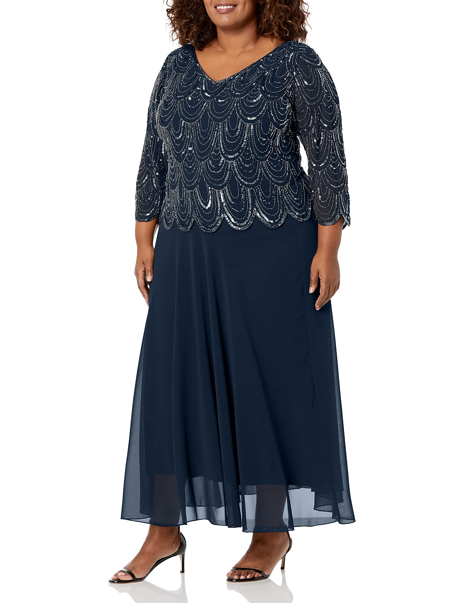 J Kara Women's Plus Size 3/4 Sleeve Scallop Beaded Pop Over Gown - Elegant Evening Dress for Weddings, Parties & Special Occasions