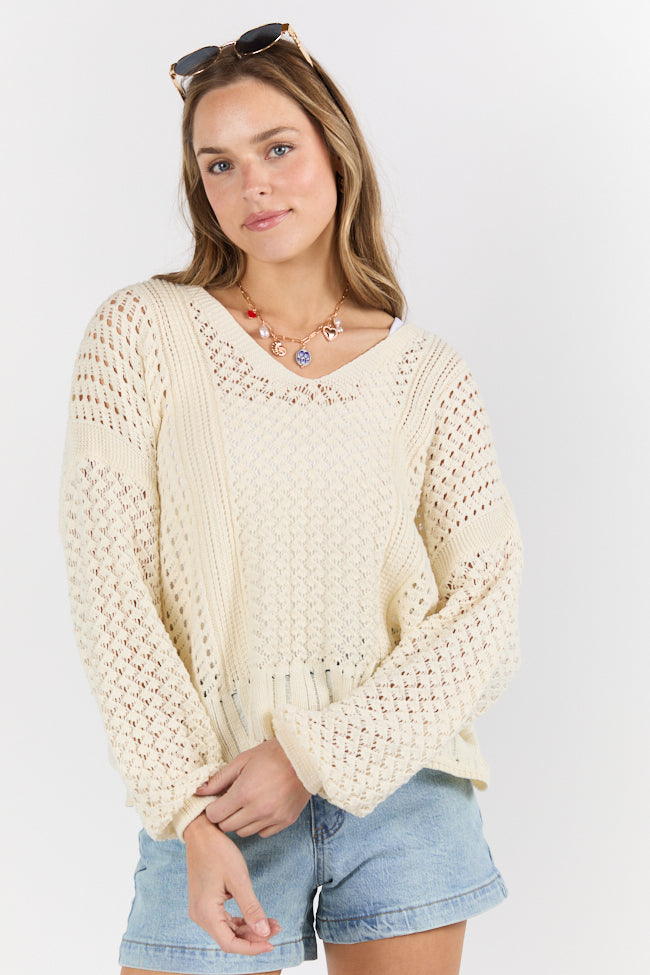 Morning Markets Cream Open Knit V-Neck Sweater for Women - Soft Lightweight Pullover for Fall & Winter - Casual Office Wear & Weekend Outfits