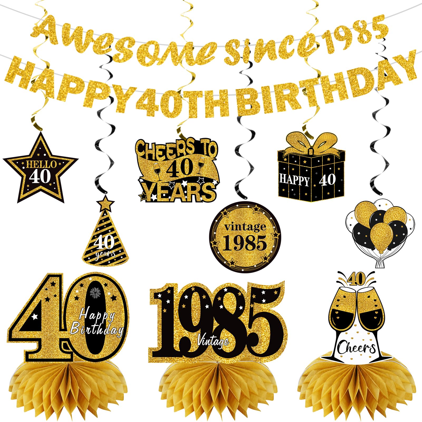 11-Piece 40th Birthday Party Decorations Kit for Men & Women - Black & Gold Happy 40th Banner, Awesome Since 1985 Centerpieces, Swirls & Table Topper - Perfect for 1985 Birth Year Celebrations, Milestone Parties & Surprise Decorations