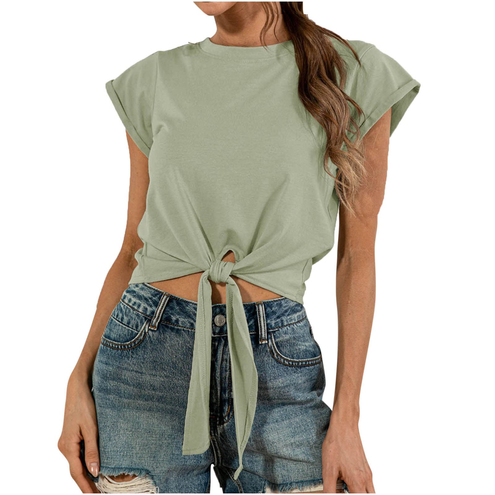 Women's Casual Round Neck Tee Shirts | Summer Trendy Strappy Short Sleeve Tops | Solid Cropped Slim Fit Stretch Tunic Blouses for Everyday Wear & Outfits
