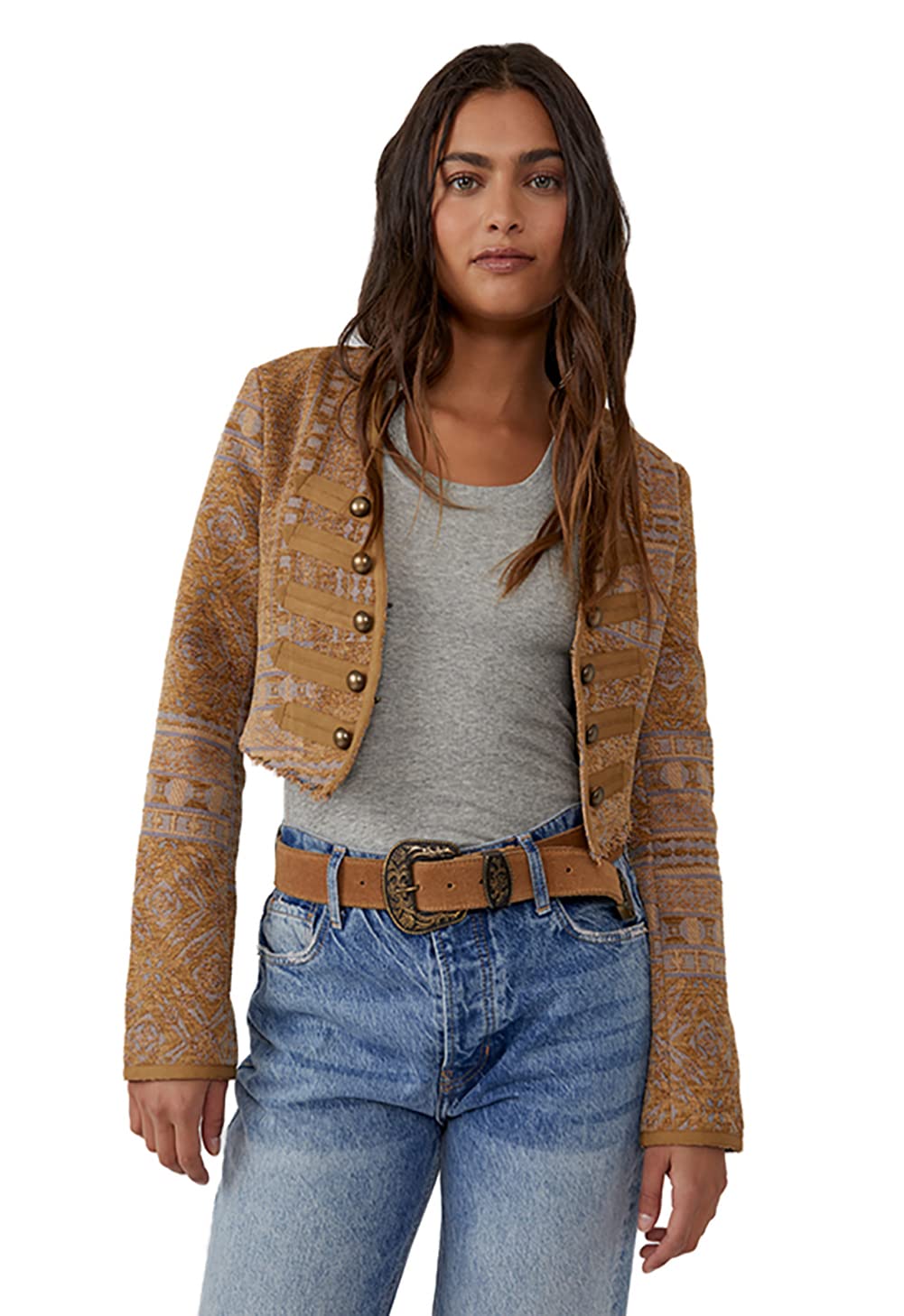 Free People Juliette Cropped Jacket in Gold Combo - Women's Small Size | Stylish Layering Piece for Fall & Spring Outfits, Perfect for Music Festivals and Date Nights