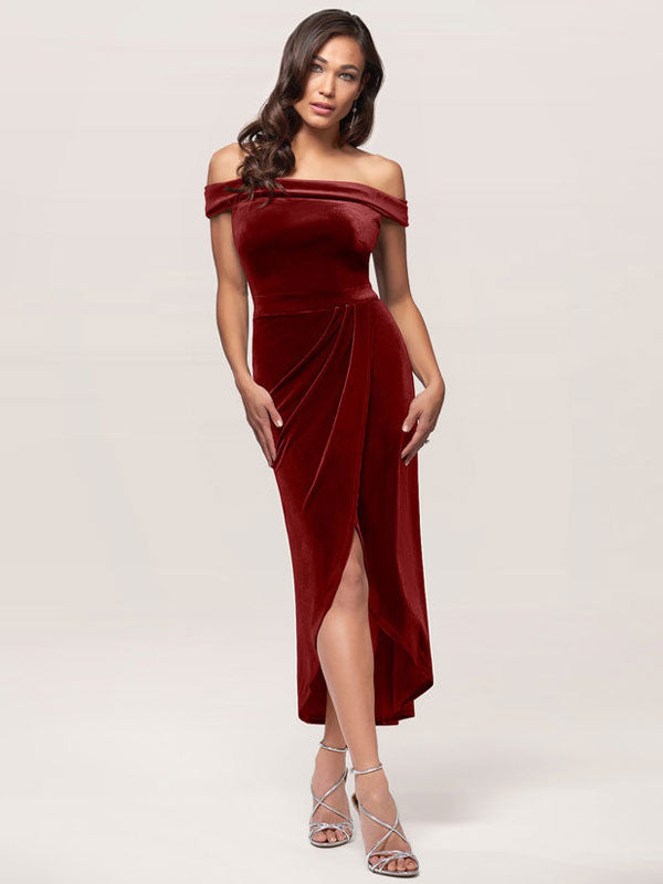 Elegant Burgundy Velour Evening Dress with Bateau Neck & Pleated Details - Perfect for Formal Dinners, Cocktail Parties & Special Occasions