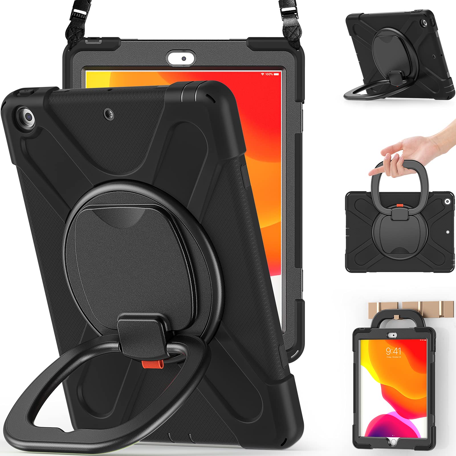 BRAECN Shockproof Case for iPad 9th/8th/7th Generation (10.2 Inch 2021/2020/2019 Models) - Rotating Stand, Pencil Holder, Handle Grip & Shoulder Strap with Screen Protector - Durable Kids Protective Cover (Black) - Perfect for School, Travel & Home Use
