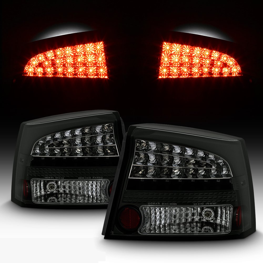 AKKON Smoked Black LED Tail Lights Replacement for 2006-2008 Dodge Charger LX - Left & Right Brake Lamps - Enhanced Visibility & Style for Night Driving and Car Customization