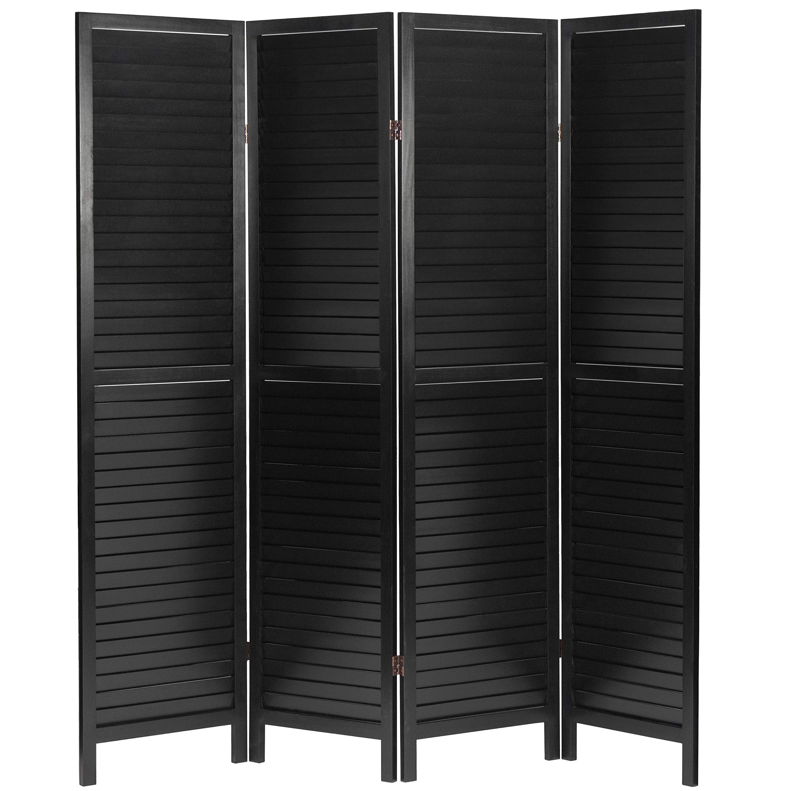 6 ft. Tall Wooden Louvered Room Divider Screen - 4 Panel Black Folding Privacy Partition for Home Office, Bedroom & Living Room Decor