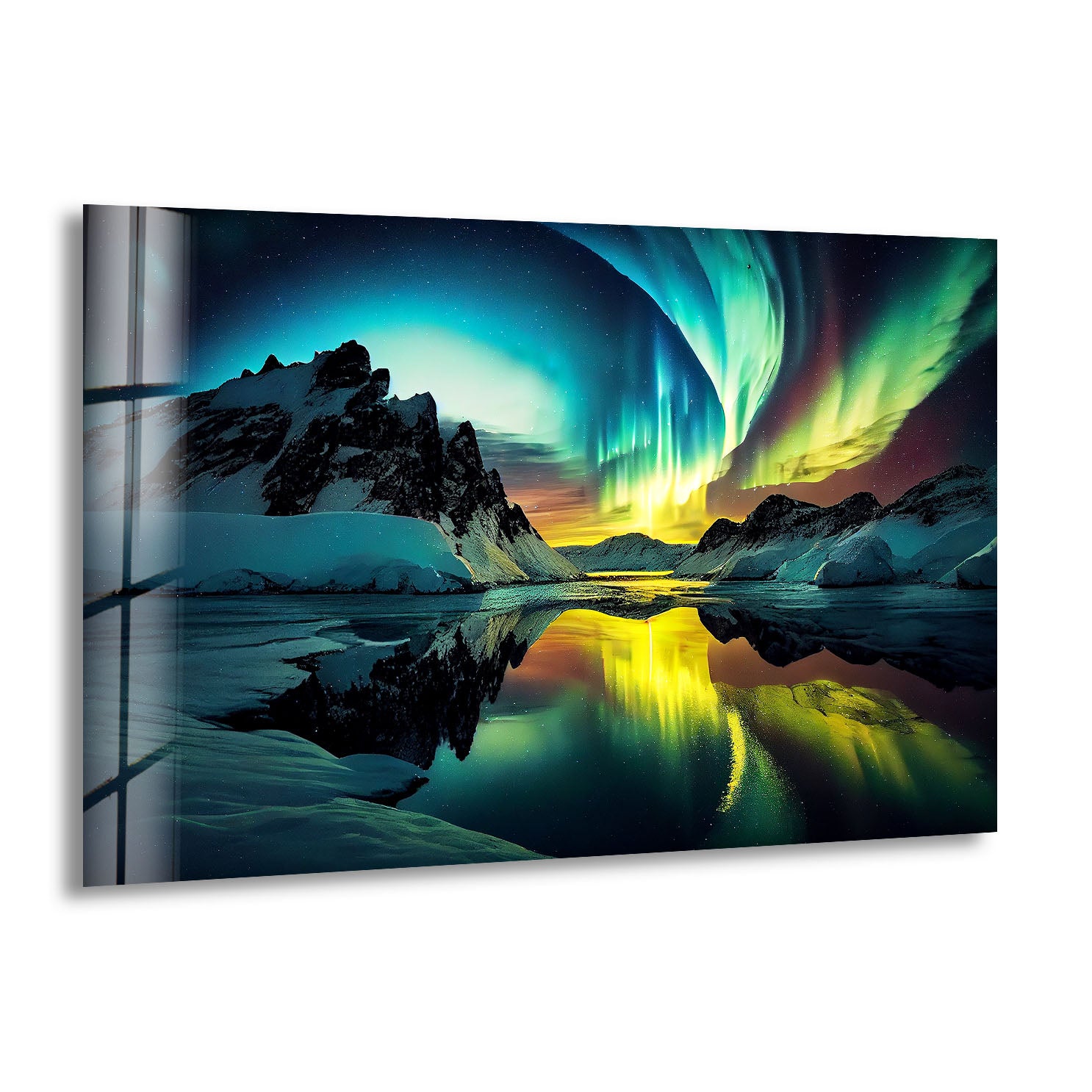 Aurora Borealis Glass Wall Art – Stunning Northern Lights Over Arctic Mountains – Perfect for Living Room, Bedroom & Office Decor