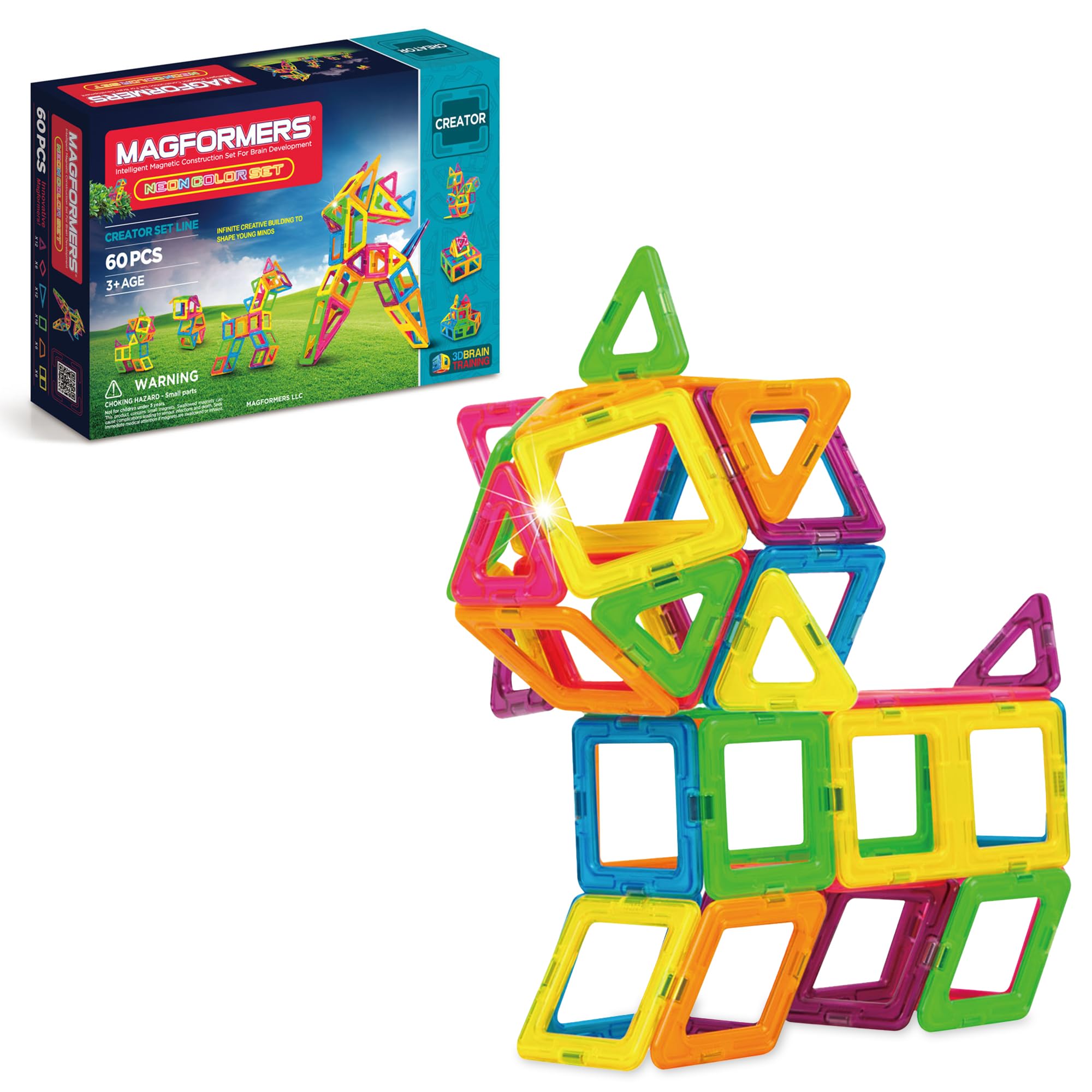 Magformers Neon 60-Piece Magnetic Building Blocks Set - STEM Educational Construction Toy for Kids | Develop Problem-Solving & Shape Recognition Skills | Perfect for Classroom, Birthday Gifts & Creative Play