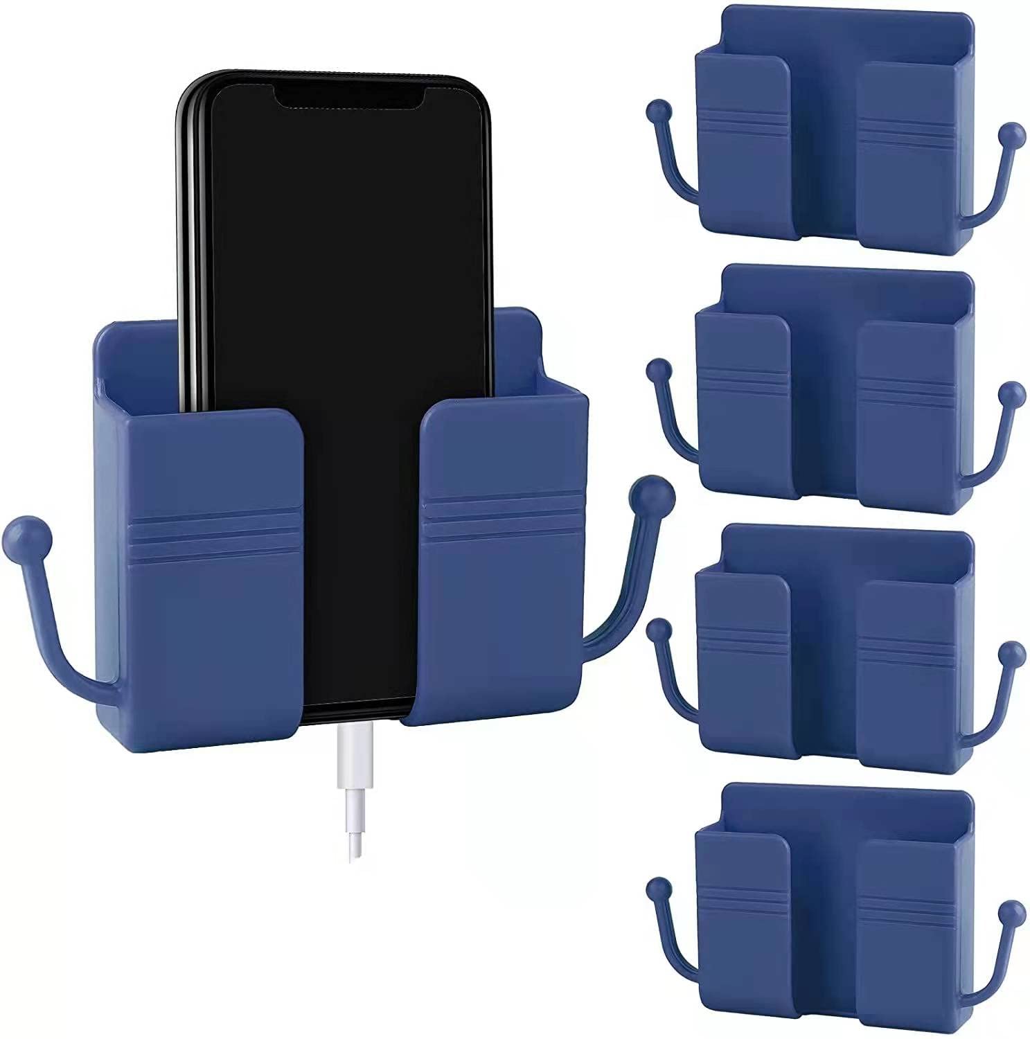 6-Piece Self-Adhesive Wall Mount Phone Holder Organizer - Plastic Charging Stand with Remote Storage for Bedroom, Office & Kitchen (Blue) - Perfect for Nightstand, Countertop & Desk Organization