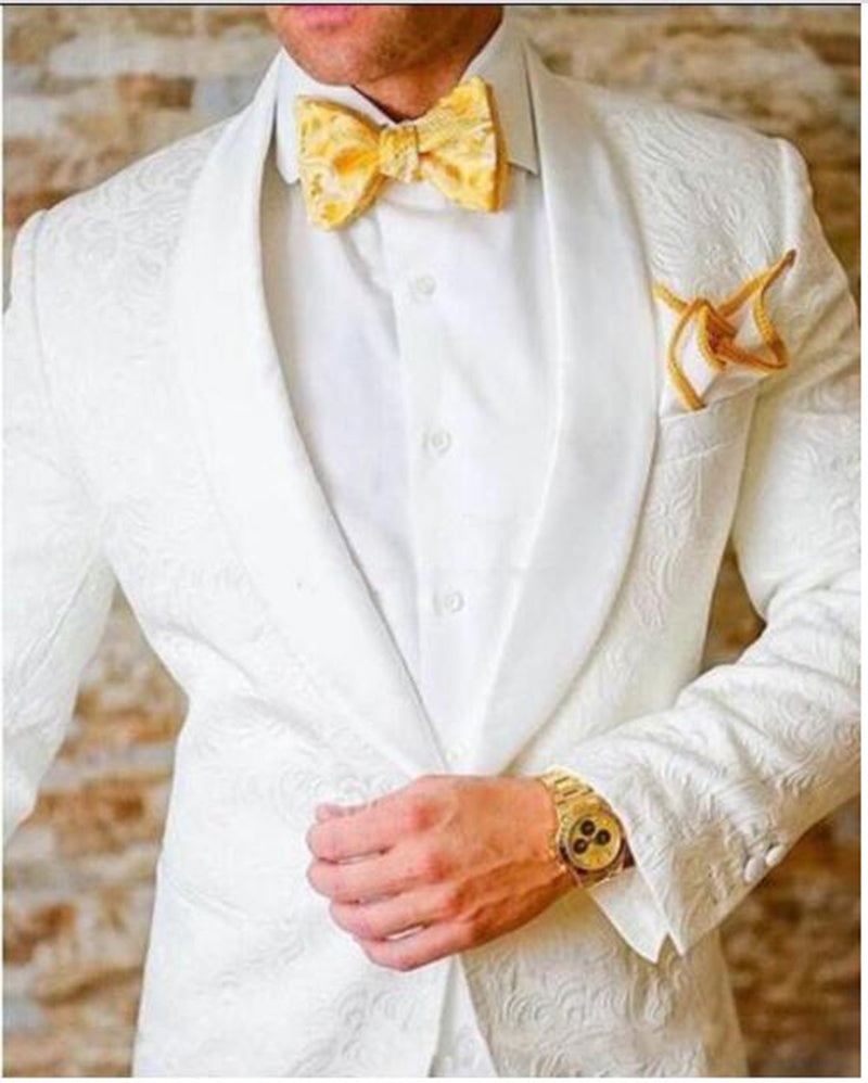 Slim Fit Shawl Lapel White & Ivory Men's Wedding Tuxedo Suit 2-Piece Set (Jacket + Pants) - Perfect for Groom, Prom, Formal Events & Black Tie Occasions
