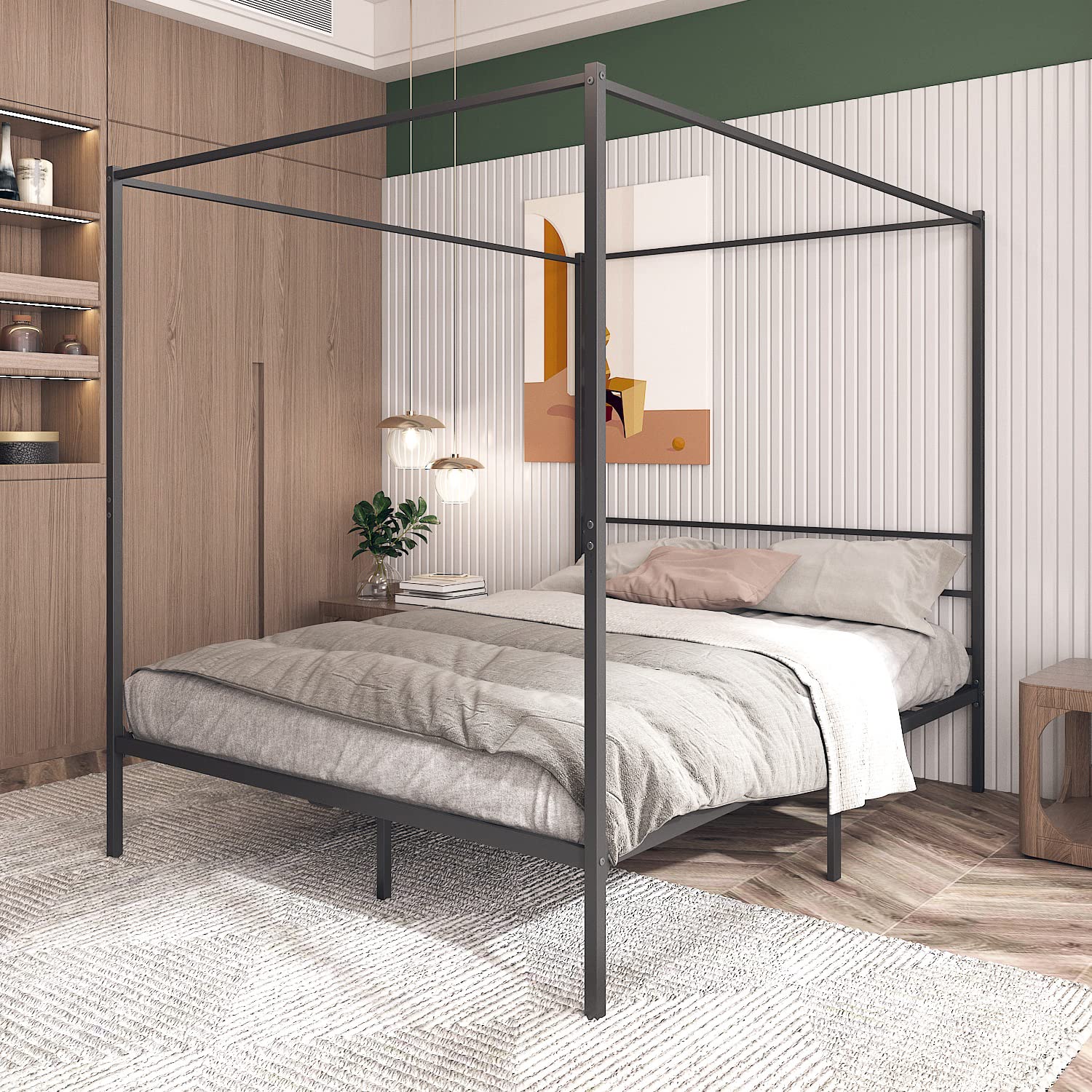 Queen Size Black Metal Canopy Bed Frame - Modern 4 Poster Design with Headboard, No Box Spring Required | Perfect for Master Bedroom, Guest Room & Bohemian Bedroom Decor