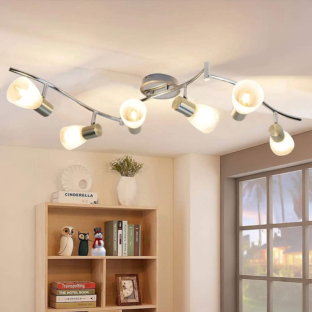 DLLT 6-Light Flexible Track Lighting Rail System - Modern Adjustable LED Spot Ceiling Fixture with Glass Shade - Brushed Steel Finish - Perfect for Living Room, Dining Room, Bedroom & Kitchen Lighting