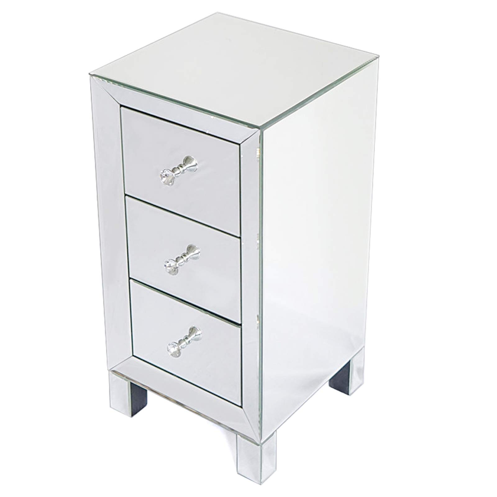 Valkynos Modern Mirrored Bedside Table with 3 Drawers & 3-Tier Glass Storage Shelf - Stylish Nightstand for Bedroom, Living Room | Perfect for Small Spaces, Guest Rooms & Apartment Decor